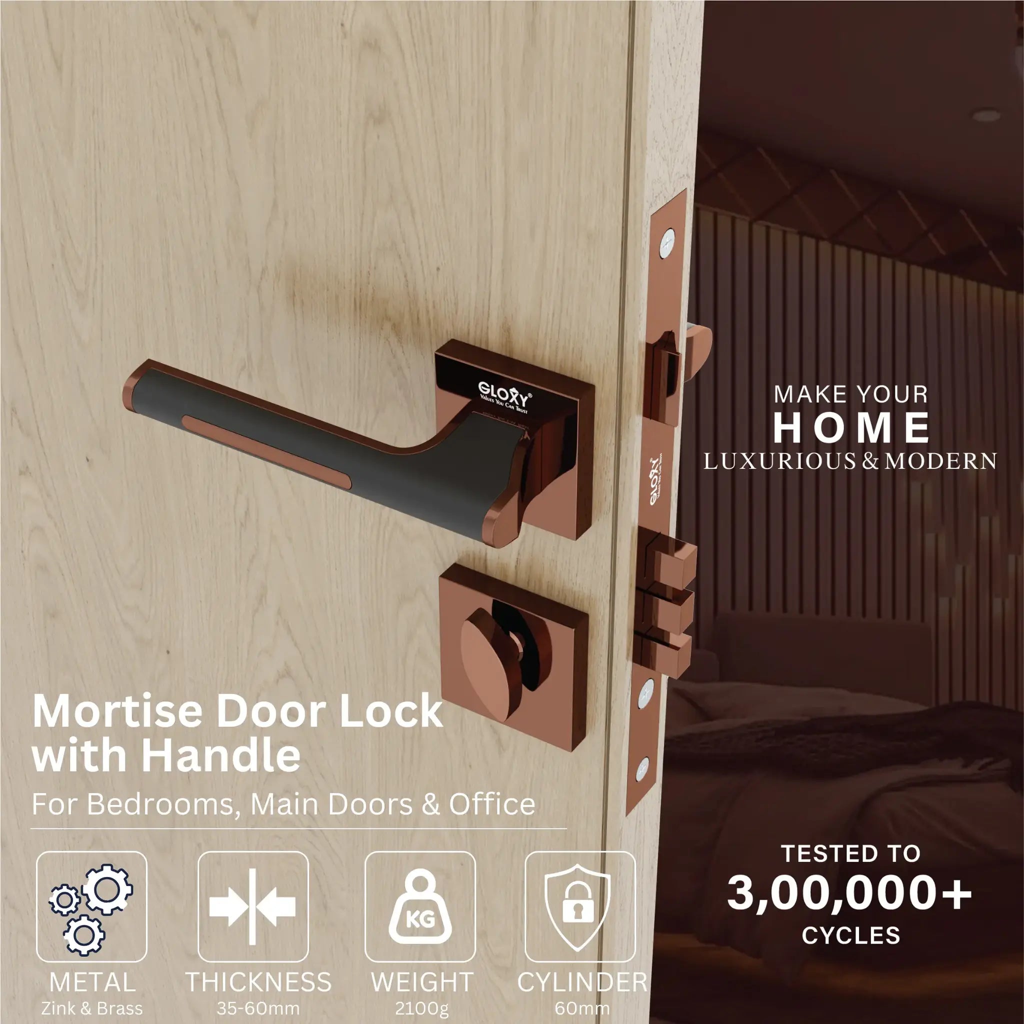 Gloxy Orbix Series Rose Gold Finish Mortise Main Door key Lock With Handle