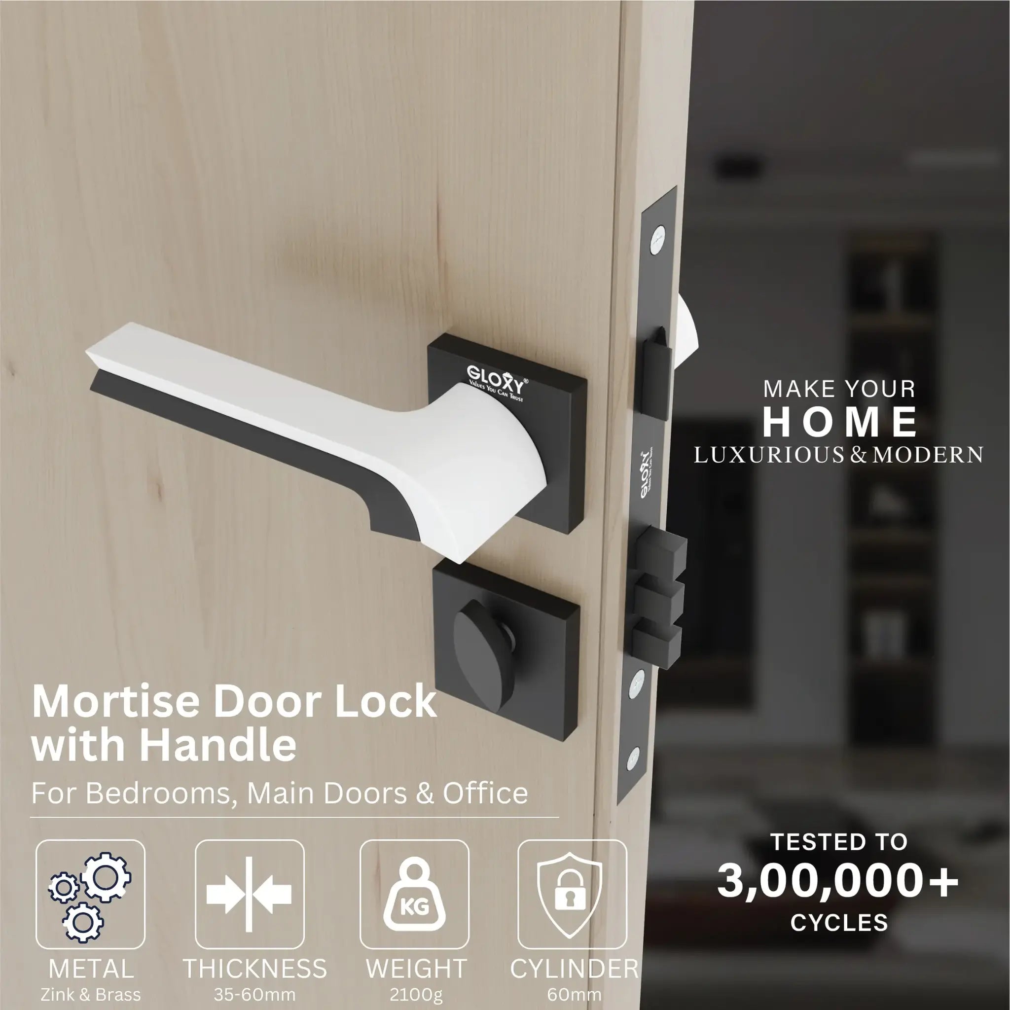 Mortise Door Handles Main Door Lock Handles Set with 3 Keys for Safety of Home | Bedroom, Office, Hotel, Home(Black)-by GLOXY®