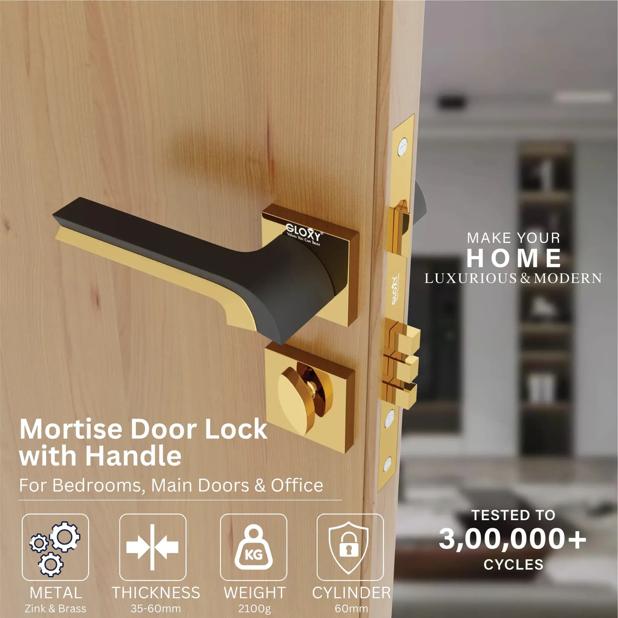 Mortise Door Handles Main Door Lock Handles Set with 3 Keys for Safety of Home | Bedroom, Office, Hotel, Home(Gold)-by GLOXY®