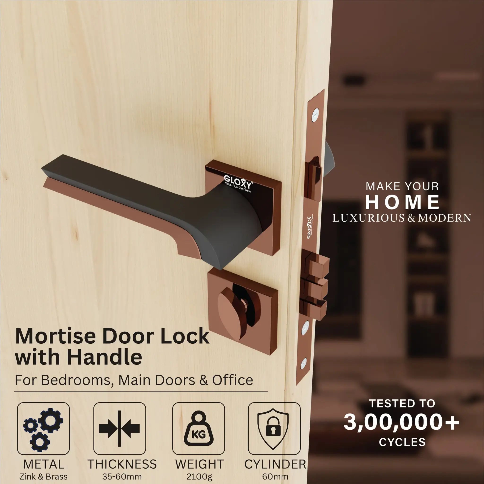 Mortise Door Handles Main Door Lock Handles Set with 3 Keys for Safety of Home | Bedroom, Office, Hotel, Home(Rose Gold)-by GLOXY®