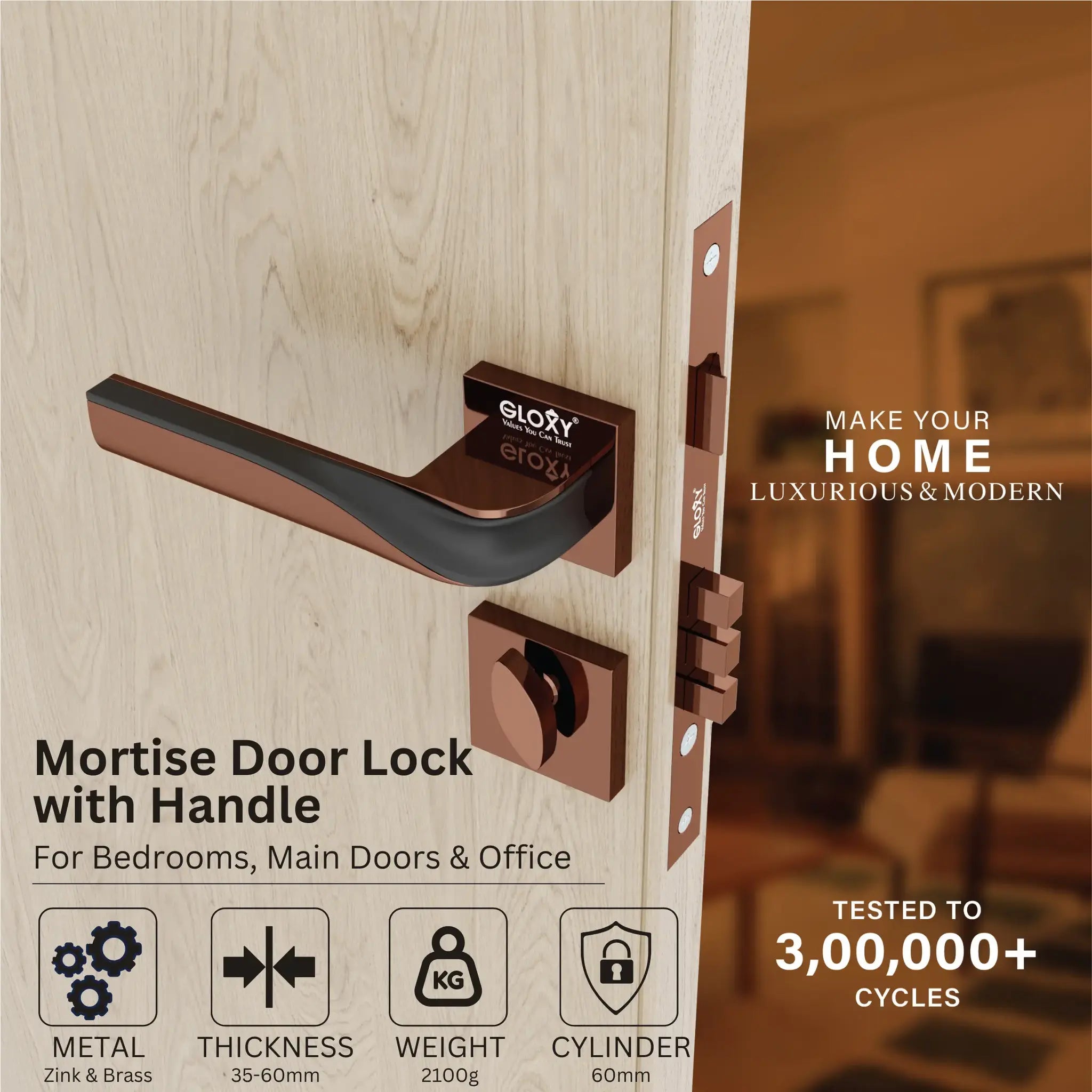 Mortise Door Handles Main Door Lock Handles Set with 3 Keys for Safety of Home | Bedroom, Office, Hotel, Home(Rose Gold)-by GLOXY®