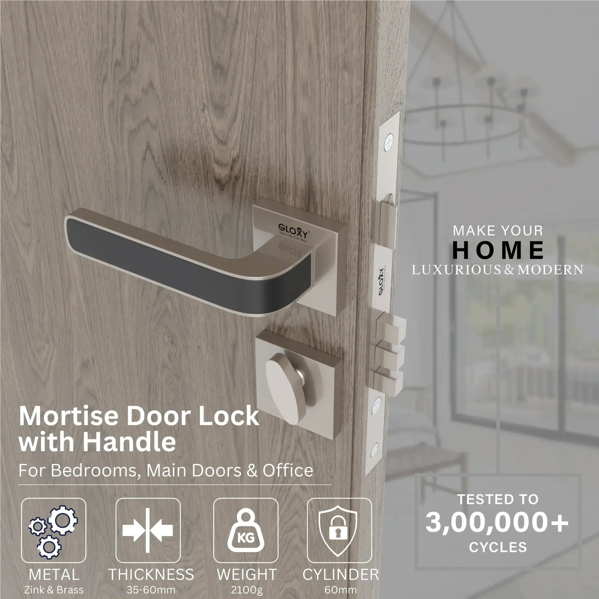 Gloxy Dorik Series Satin Chrome Finish Mortise Main Door Key Lock With Handle