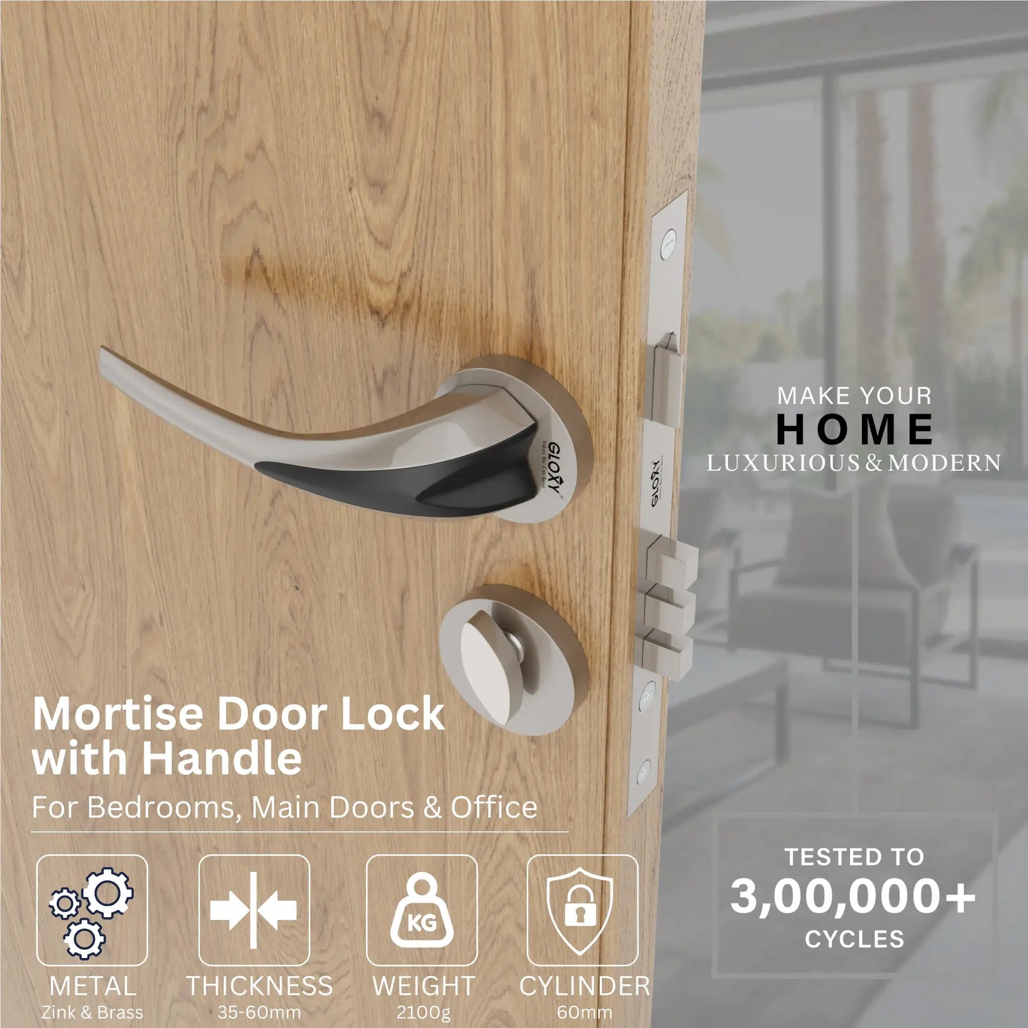 Gloxy Lumax Series Satin Chrome Finish Mortise Main Door Key Lock With Handle