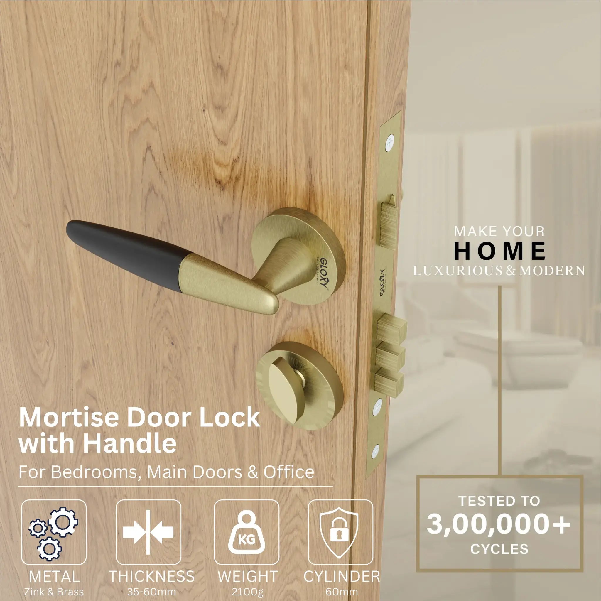 Gloxy Royal Series Antique Finish Mortise Main Door Key Lock With Handle