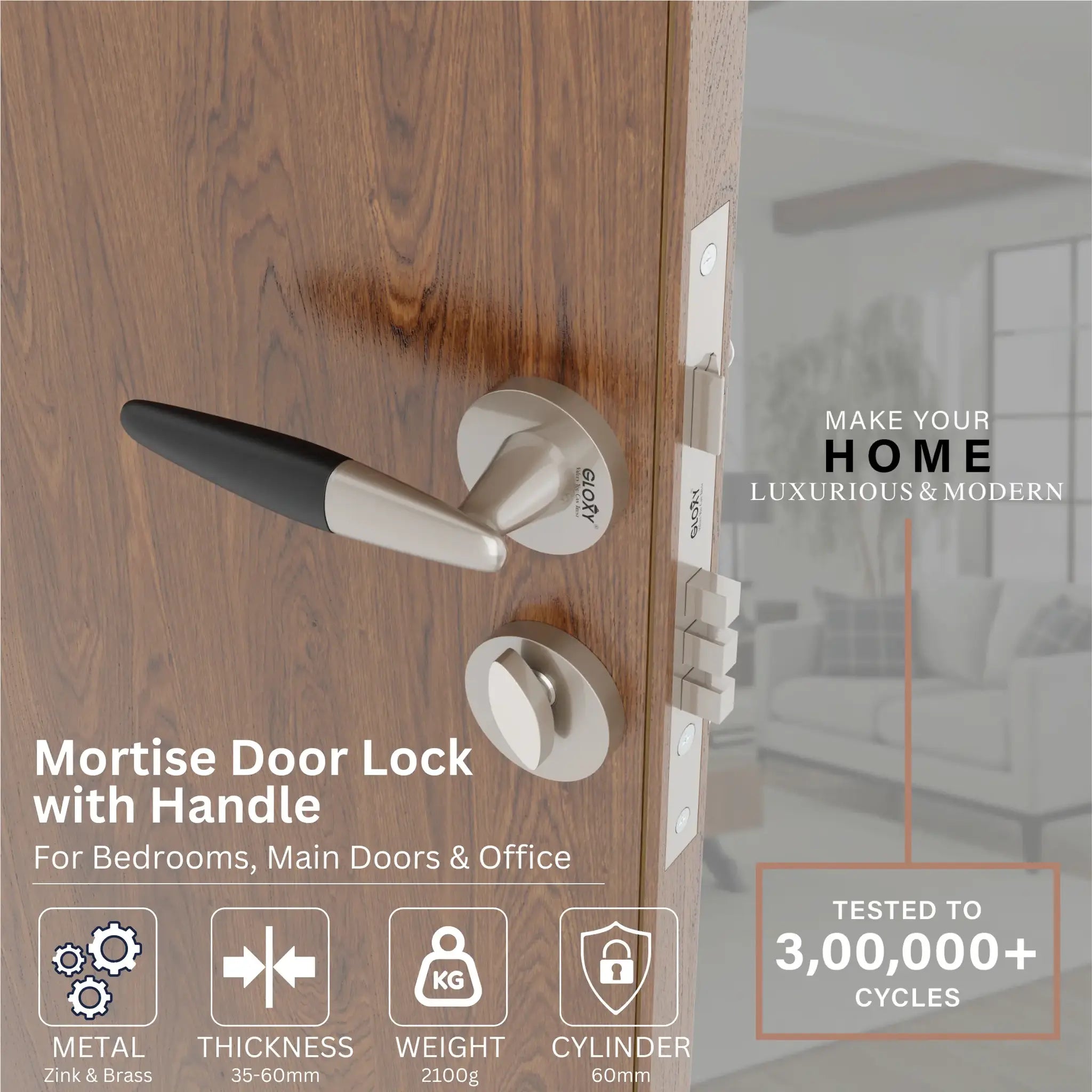 Gloxy Royal Series Satin Chrome Finish Mortise Main Door Key Lock With Handle