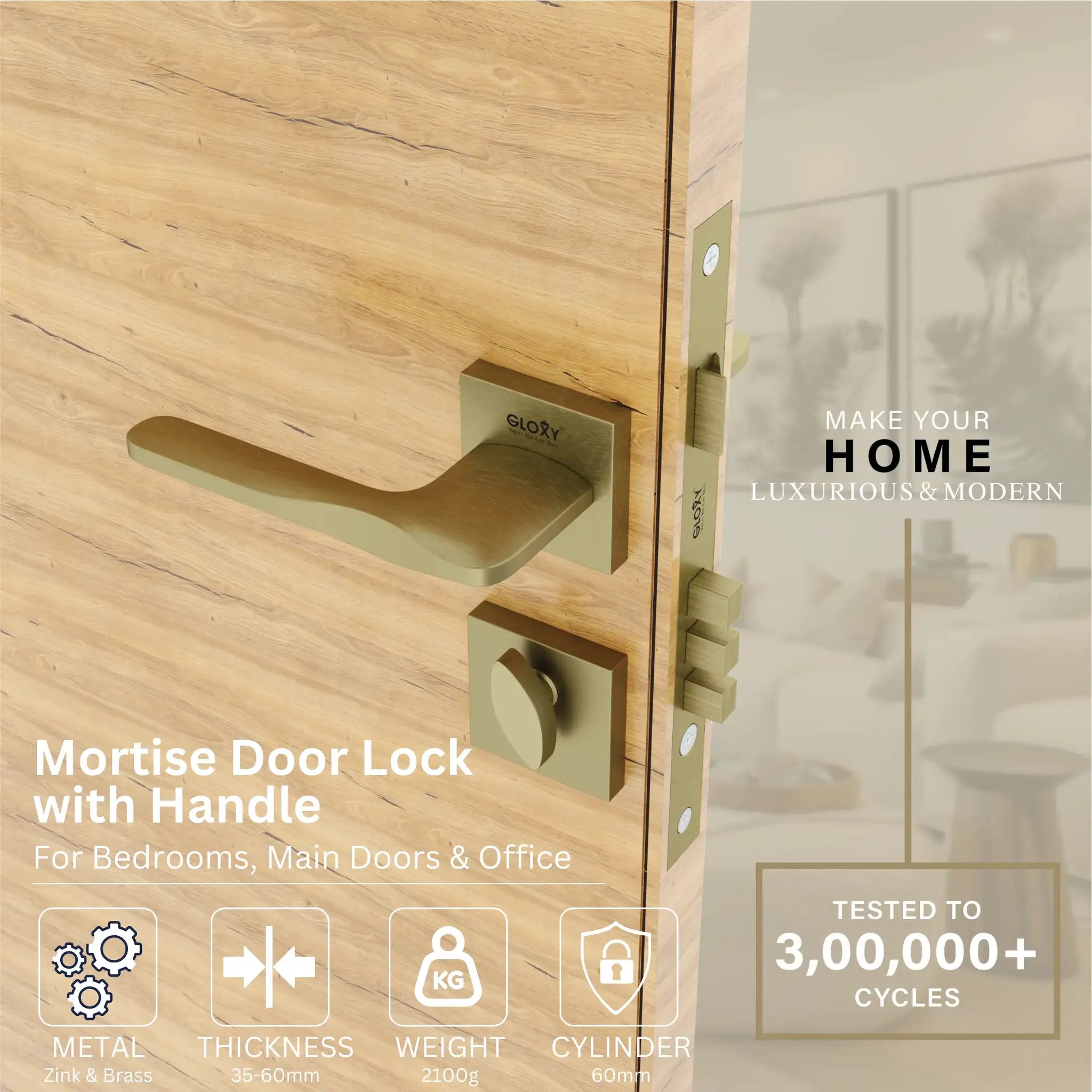 Mortise Door Handles Main Door Lock Handles Set with 3 Keys for Safety of Home | Bedroom, Office, Hotel, Home(Antique)-by GLOXY®