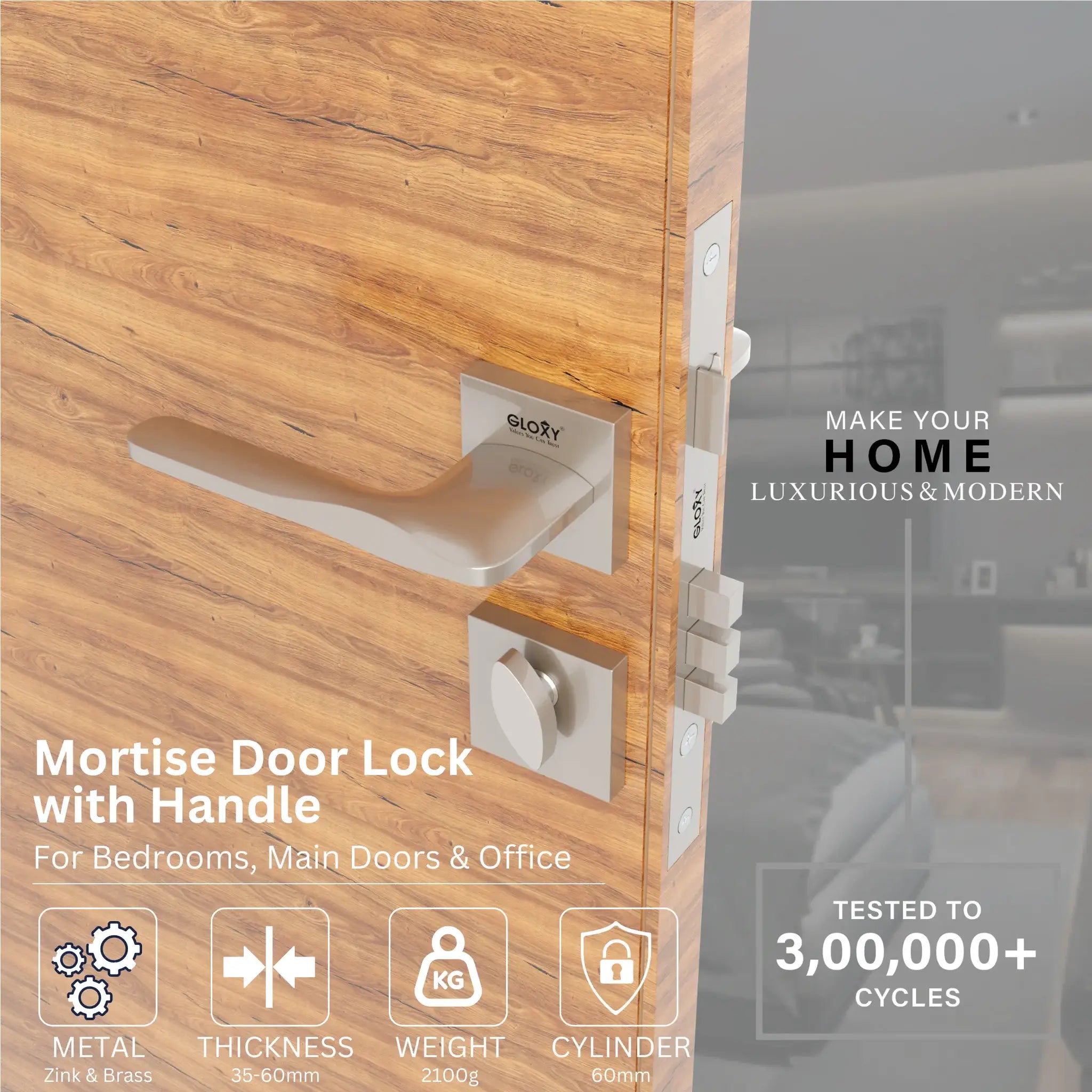 Mortise Door Handles Main Door Lock Handles Set with 3 Keys for Safety of Home | Bedroom, Office, Hotel, Home(Satin Chrome)-by GLOXY®