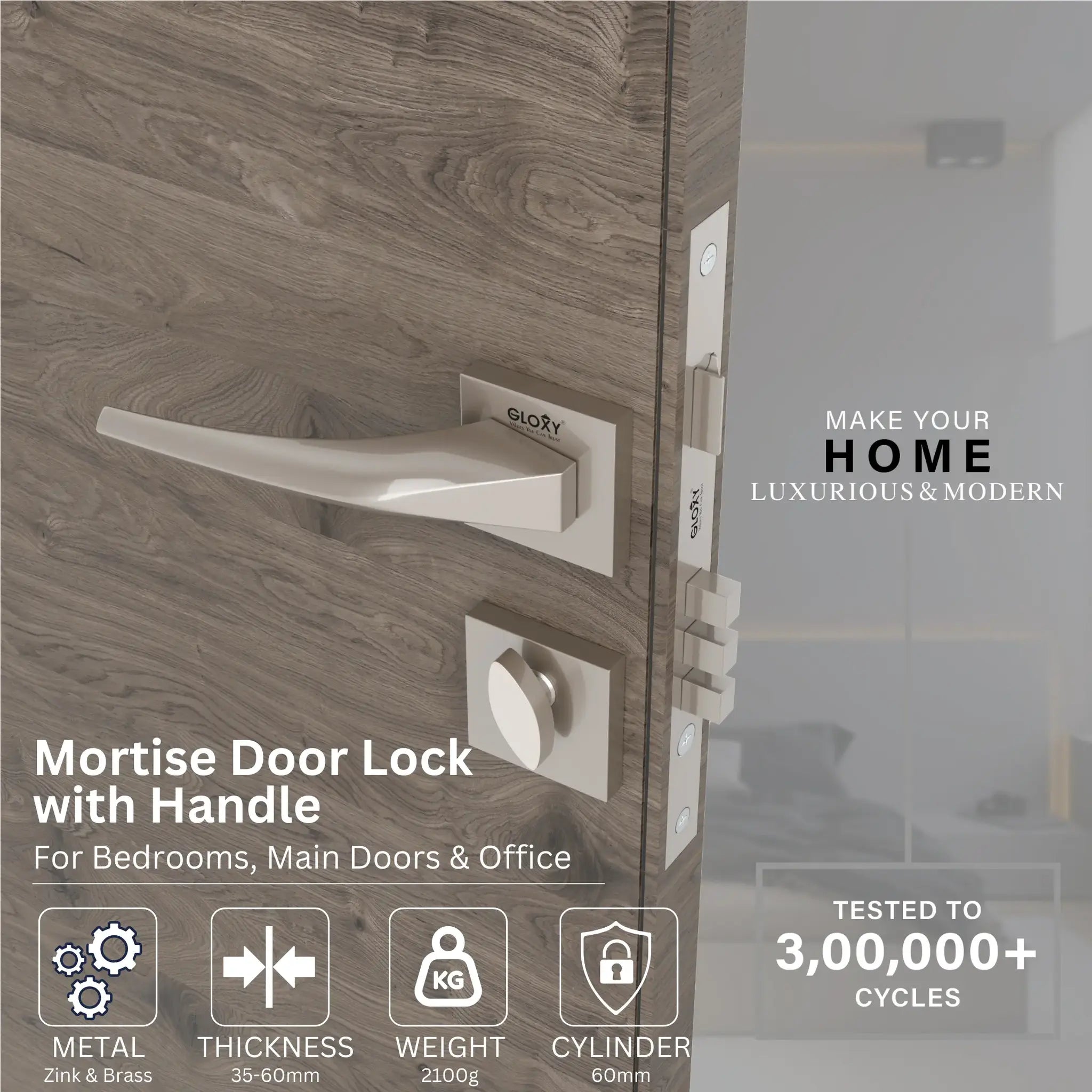 Gloxy zemtron Series Satin Chrome Finish Mortise Main Door Key Lock With Handle