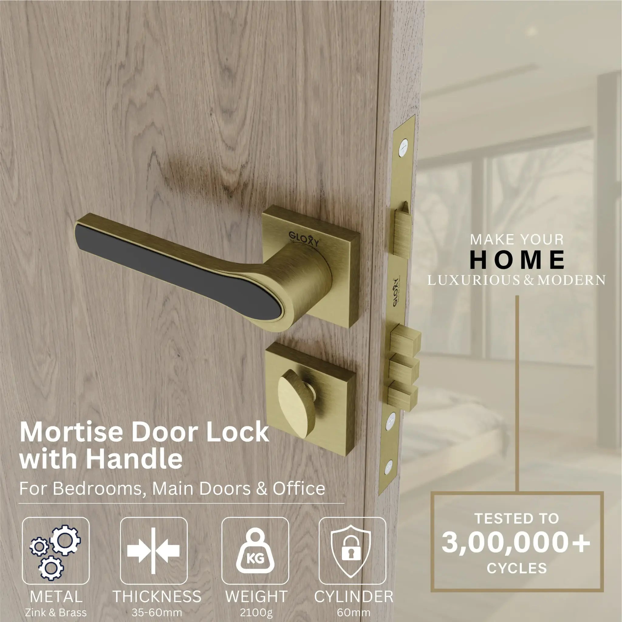 Mortise Door Handles Main Door Lock Handles Set with 3 Keys for Safety of Home | Bedroom, Office, Hotel, Home(Antique)-by GLOXY®