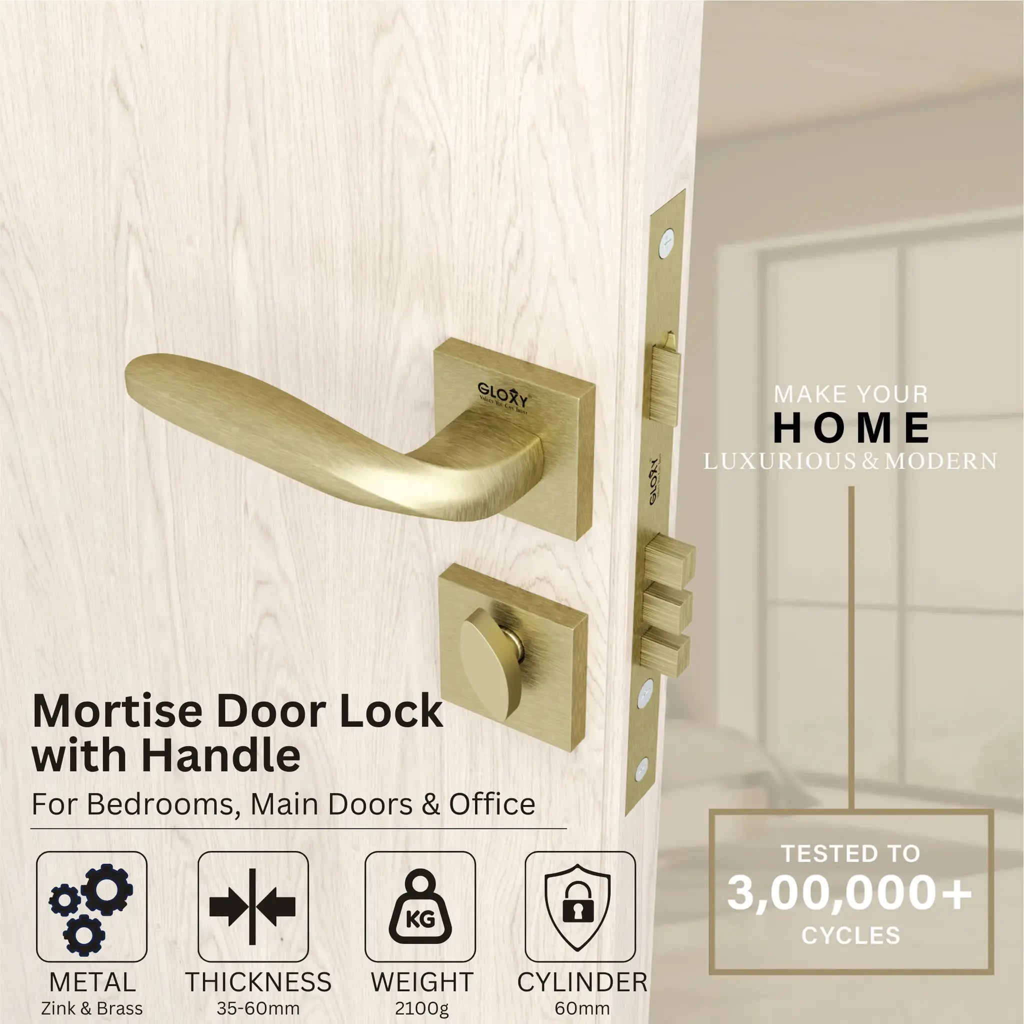 Gloxy Venso Series Antique Finish Mortise Main Door key Lock With Handle
