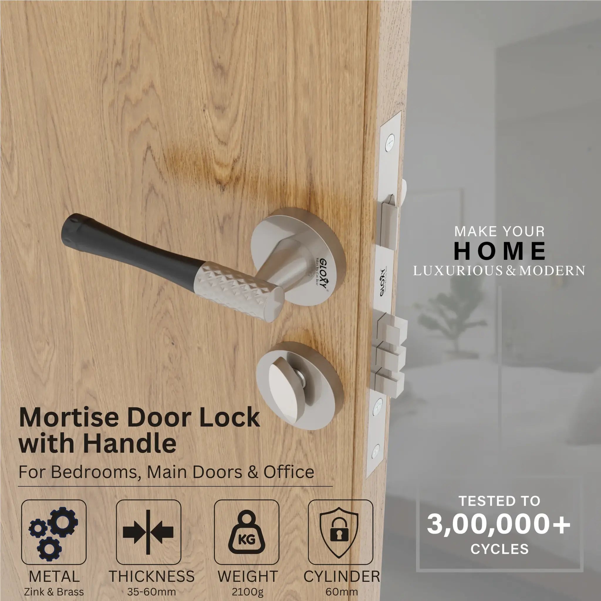 Mortise Door Handles Main Door Lock Handles Set with 3 Keys for Safety of Home | Bedroom, Office, Hotel, Home(Satin Chrome)-by GLOXY®