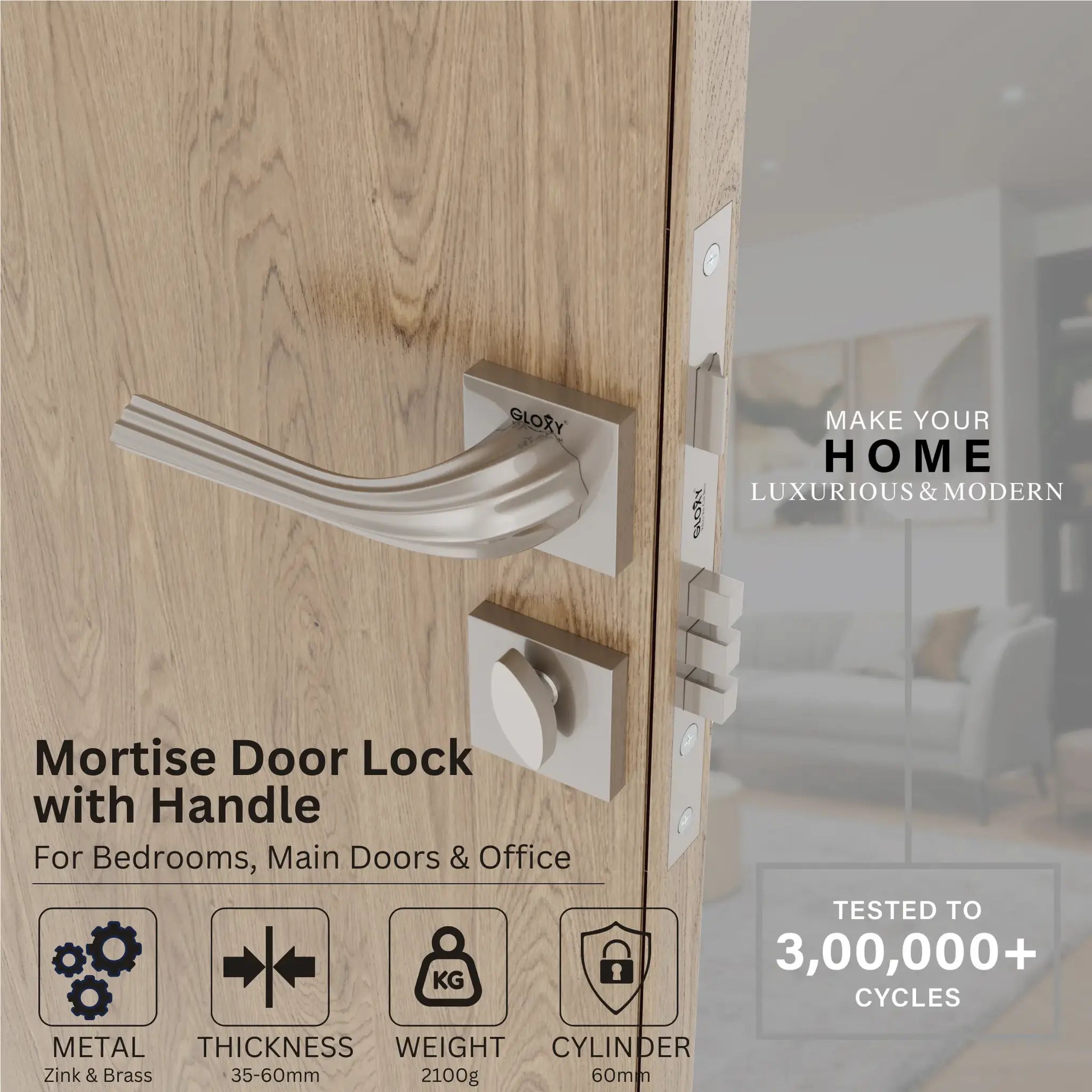 Mortise Door Handles Main Door Lock Handles Set with 3 Keys for Safety of Home | Bedroom, Office, Hotel, Home(Satin Chrome)-by GLOXY®