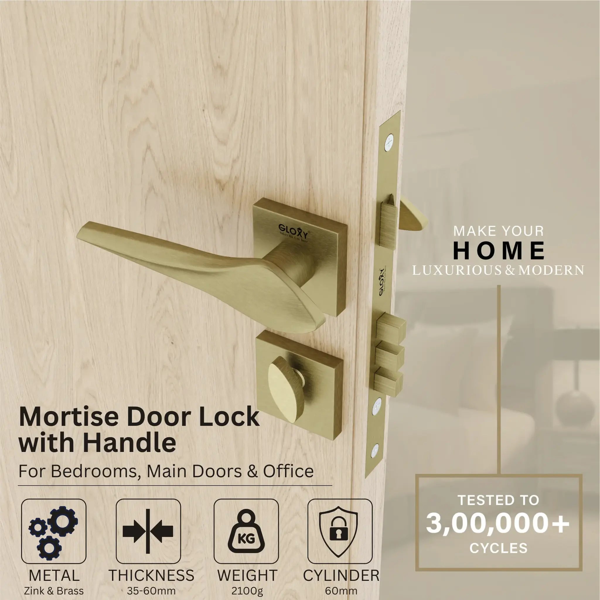 Mortise Door Handles Main Door Lock Handles Set with 3 Keys for Safety of Home | Bedroom, Office, Hotel, Home(Antique)-by GLOXY®