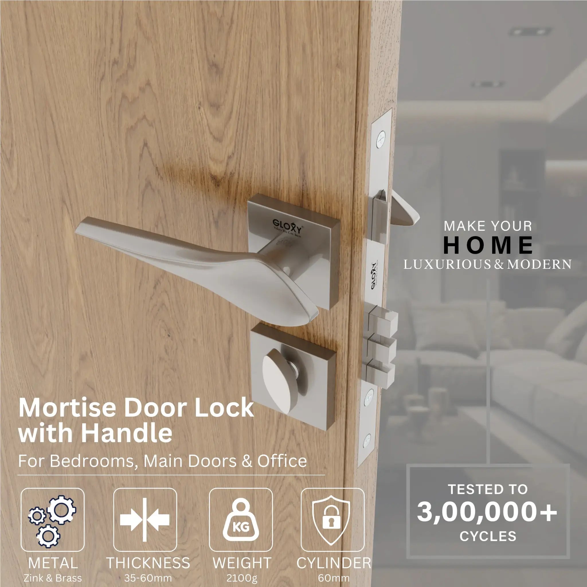 Mortise Door Handles Main Door Lock Handles Set with 3 Keys for Safety of Home | Bedroom, Office, Hotel, Home(Satin Chrome)-by GLOXY®