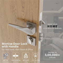 Mortise Door Handles Main Door Lock Handles Set with 3 Keys for Safety of Home | Bedroom, Office, Hotel, Home(Satin Chrome)-by GLOXY®