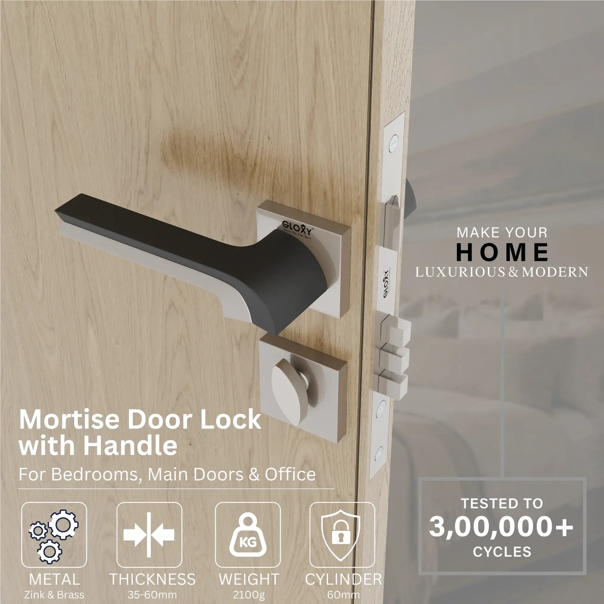 Mortise Door Handles Main Door Lock Handles Set with 3 Keys for Safety of Home | Bedroom, Office, Hotel, Home(Black)-by GLOXY®