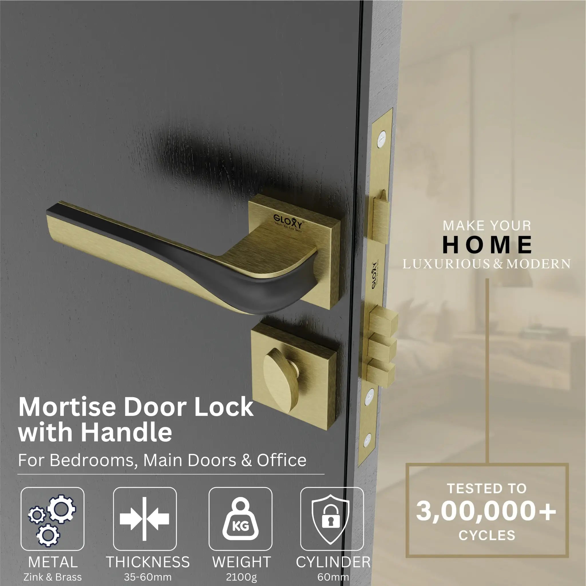 Gloxy Morza Series Antique Finish Mortise Main Door key Lock With Handle