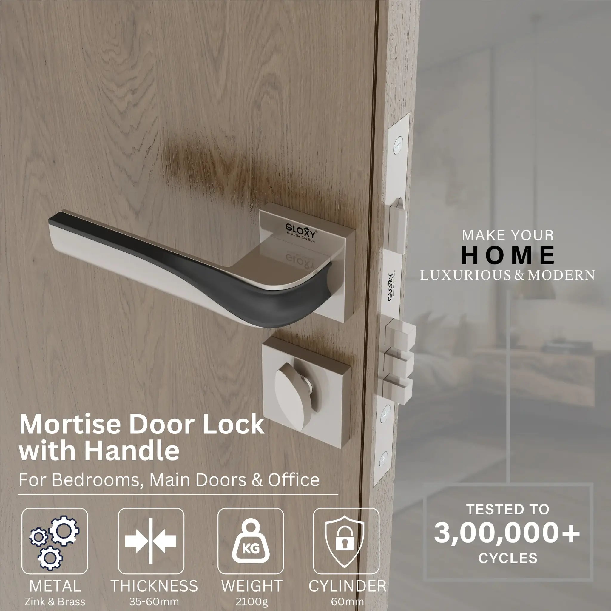Gloxy Morza Series Satin Chrome Finish Mortise Main Door key Lock With Handle