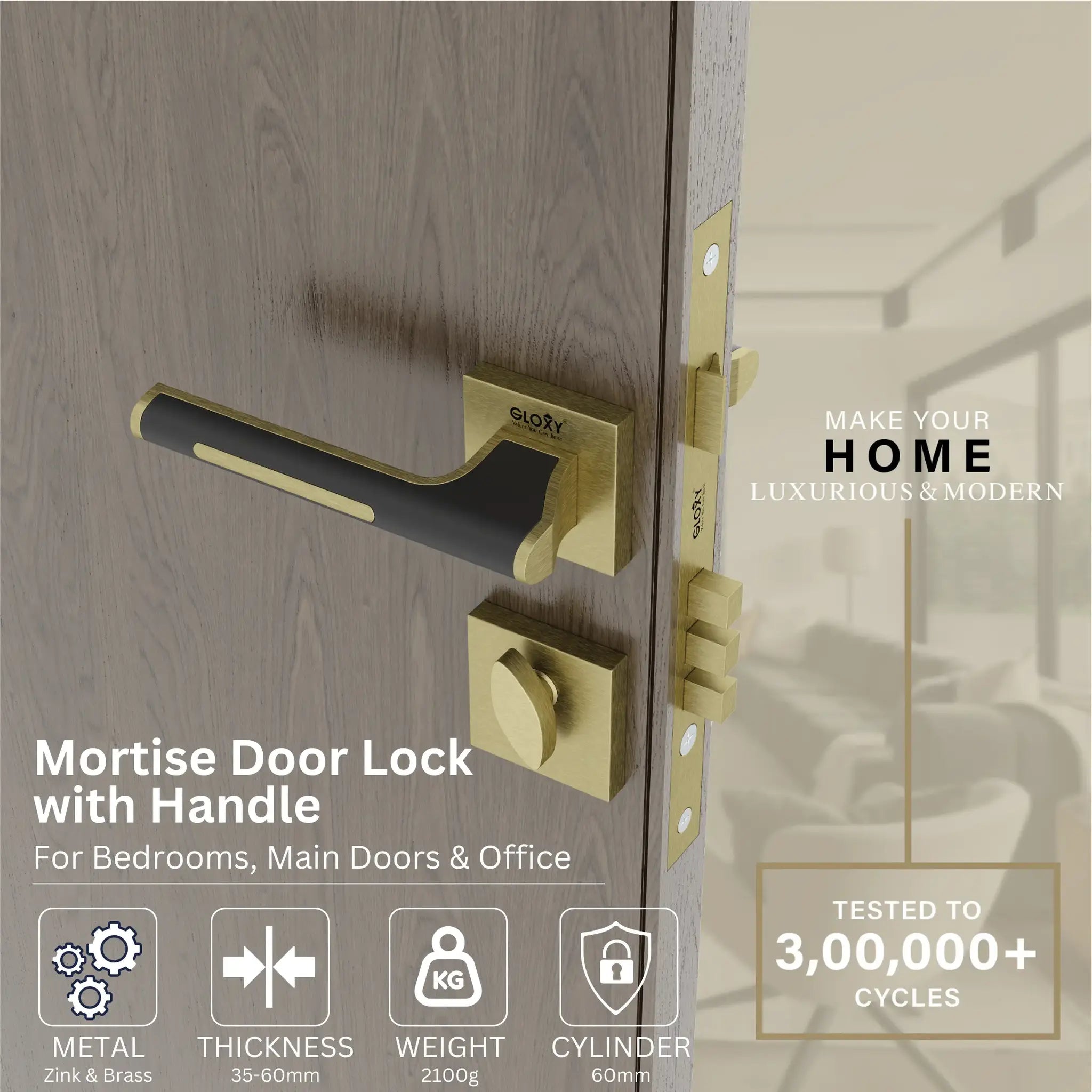 Mortise Door Handles Main Door Lock Handles Set with 3 Keys for Safety of Home | Bedroom, Office, Hotel, Home(Rose Gold)-by GLOXY®