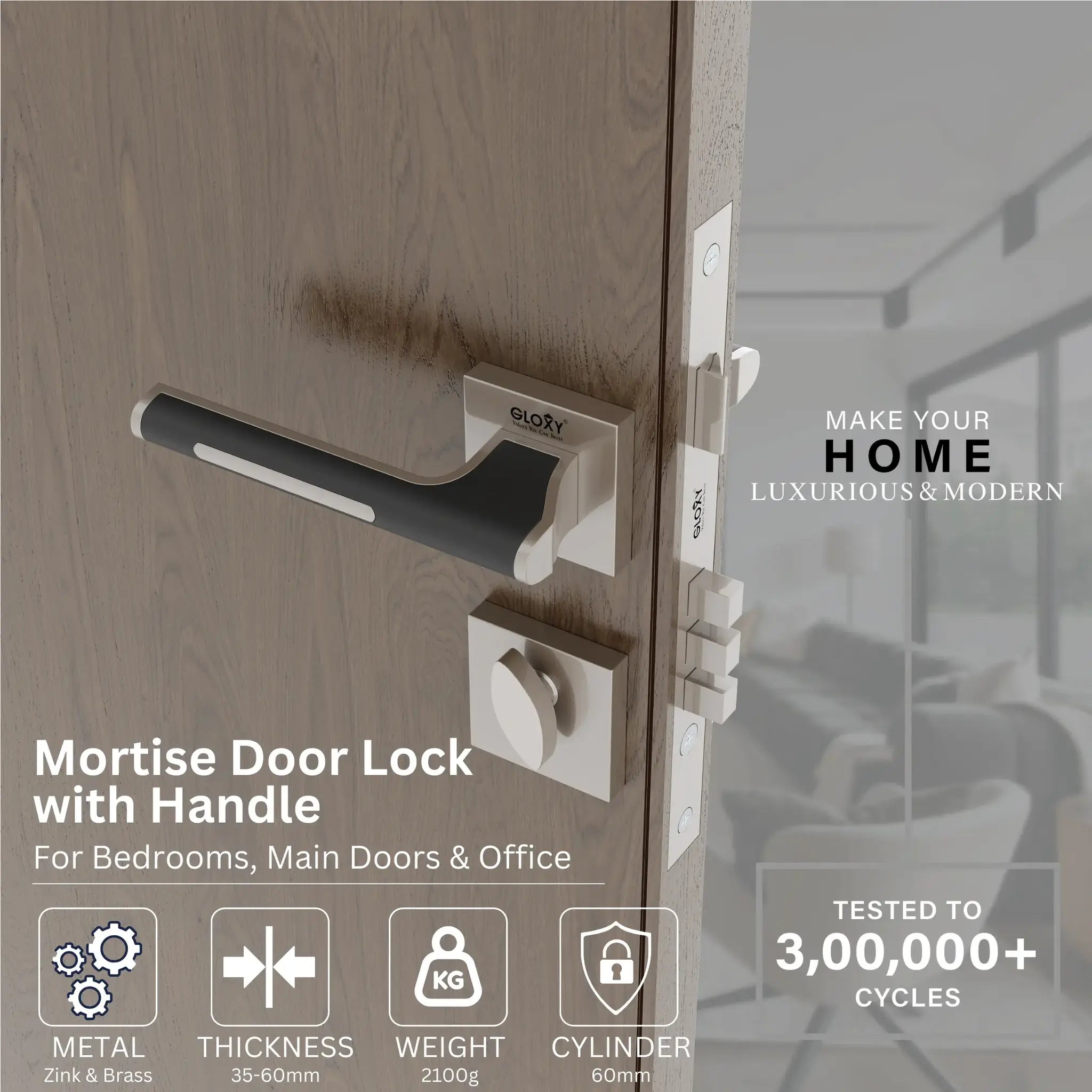 Mortise Door Handles Main Door Lock Handles Set with 3 Keys for Safety of Home | Bedroom, Office, Hotel, Home(Satin Chrome)-by GLOXY®