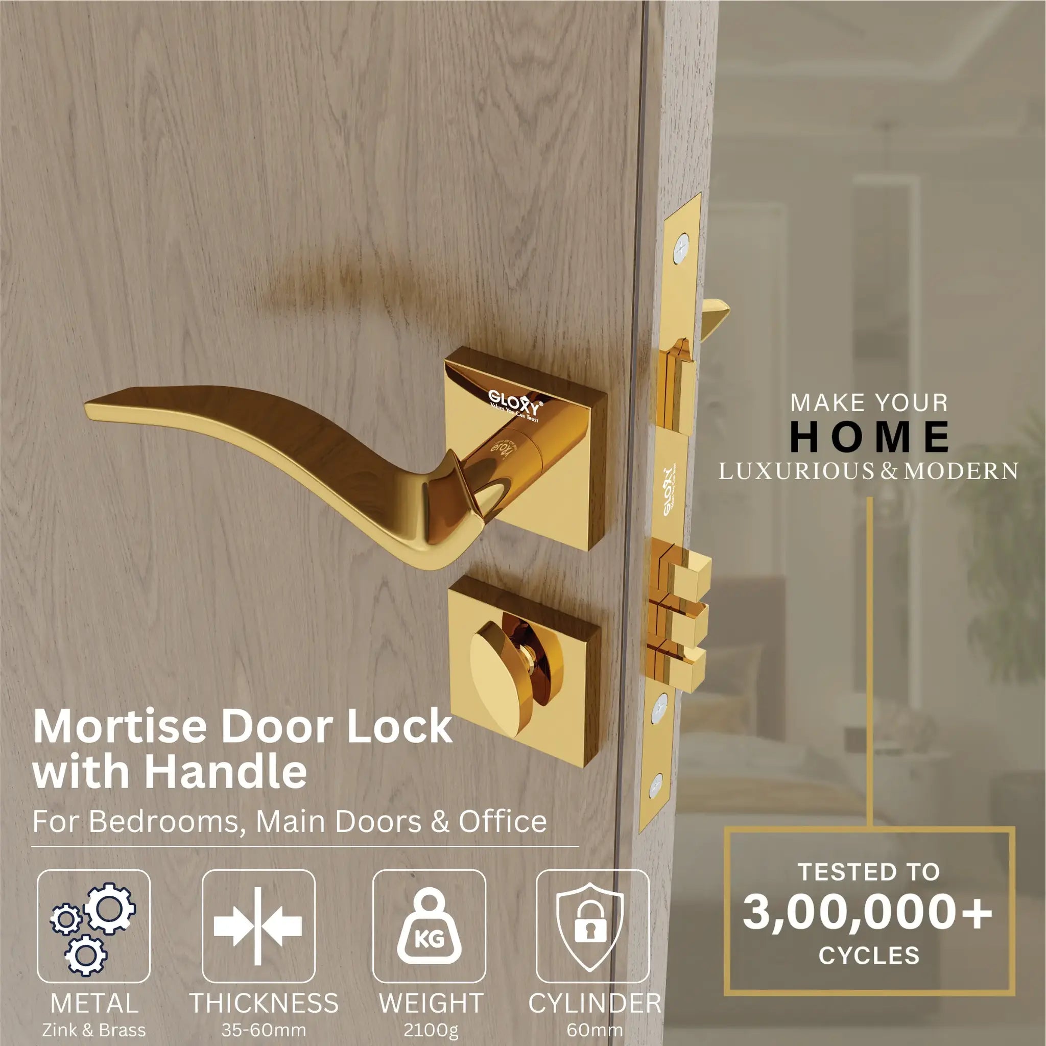 Gloxy Ronik Series Gold Finish Mortise Main Door key Lock With Handle