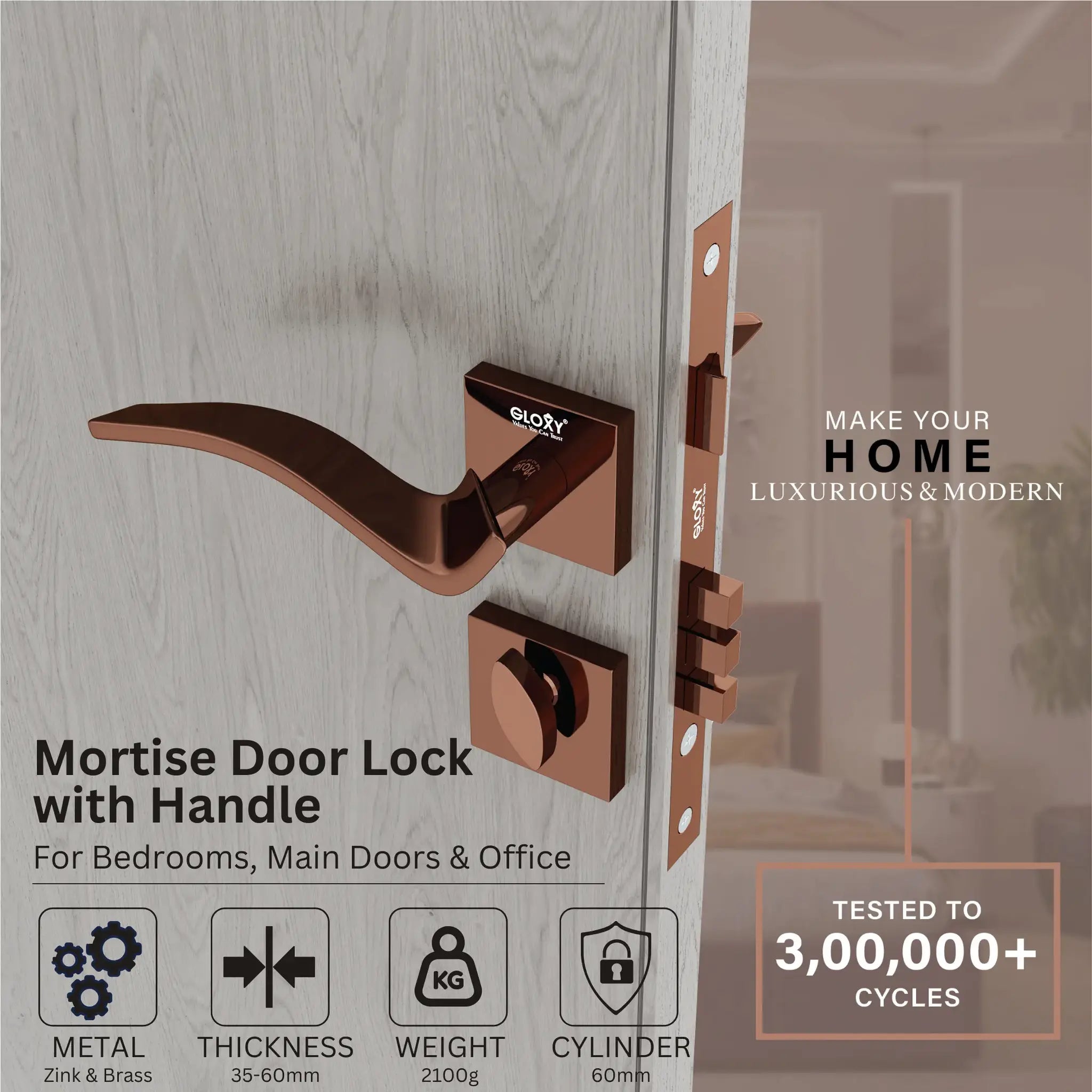Gloxy Ronik Series Rose Gold Finish Mortise Main Door key Lock With Handle