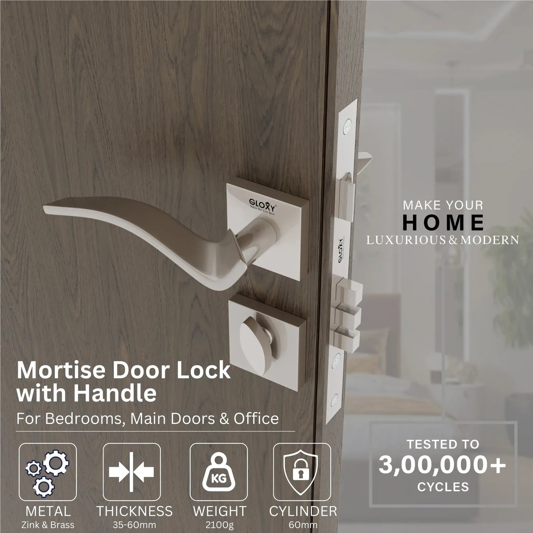 Gloxy Ronik Series Satin Chrome Finish Mortise Main Door key Lock With Handle