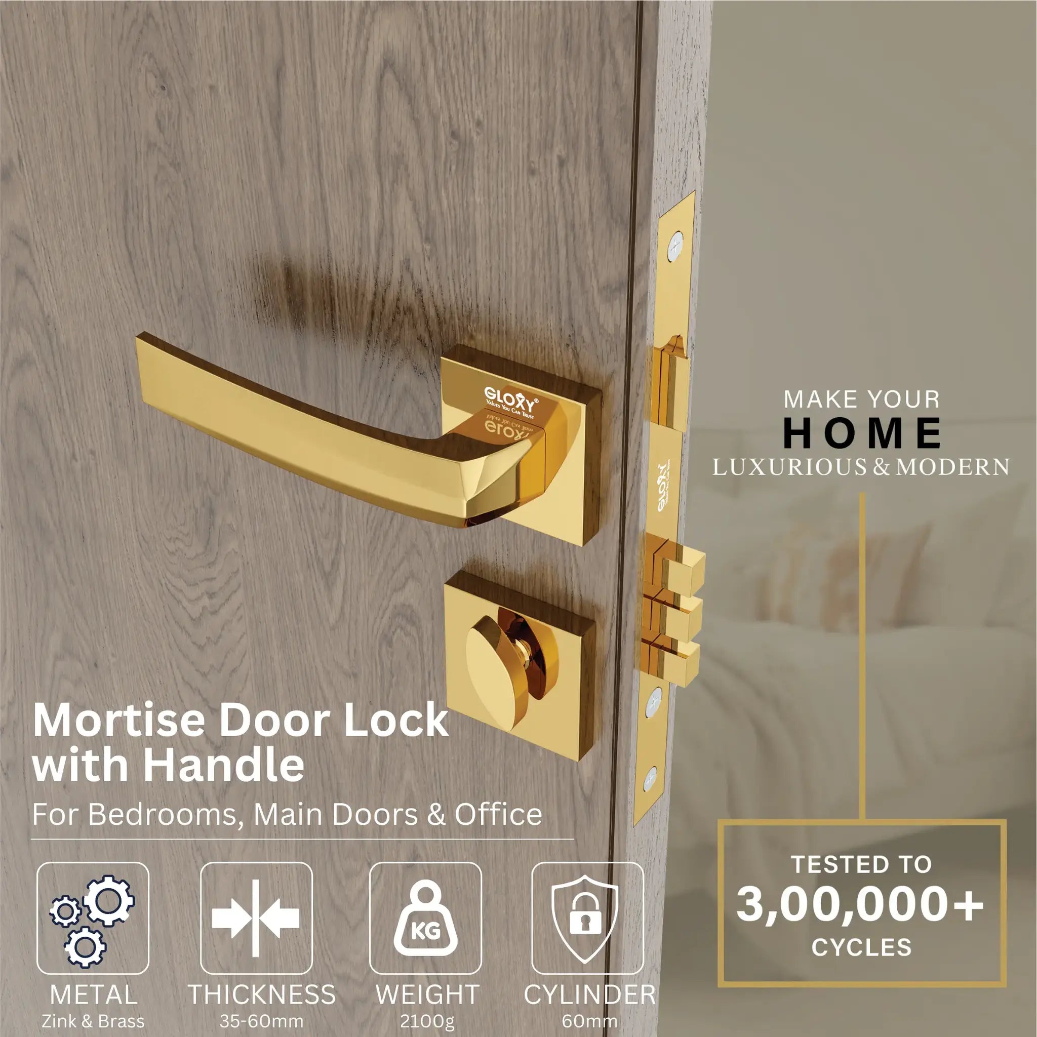 Mortise Door Handles Main Door Lock Handles Set with 3 Keys for Safety of Home | Bedroom, Office, Hotel, Home(Gold)-by GLOXY®