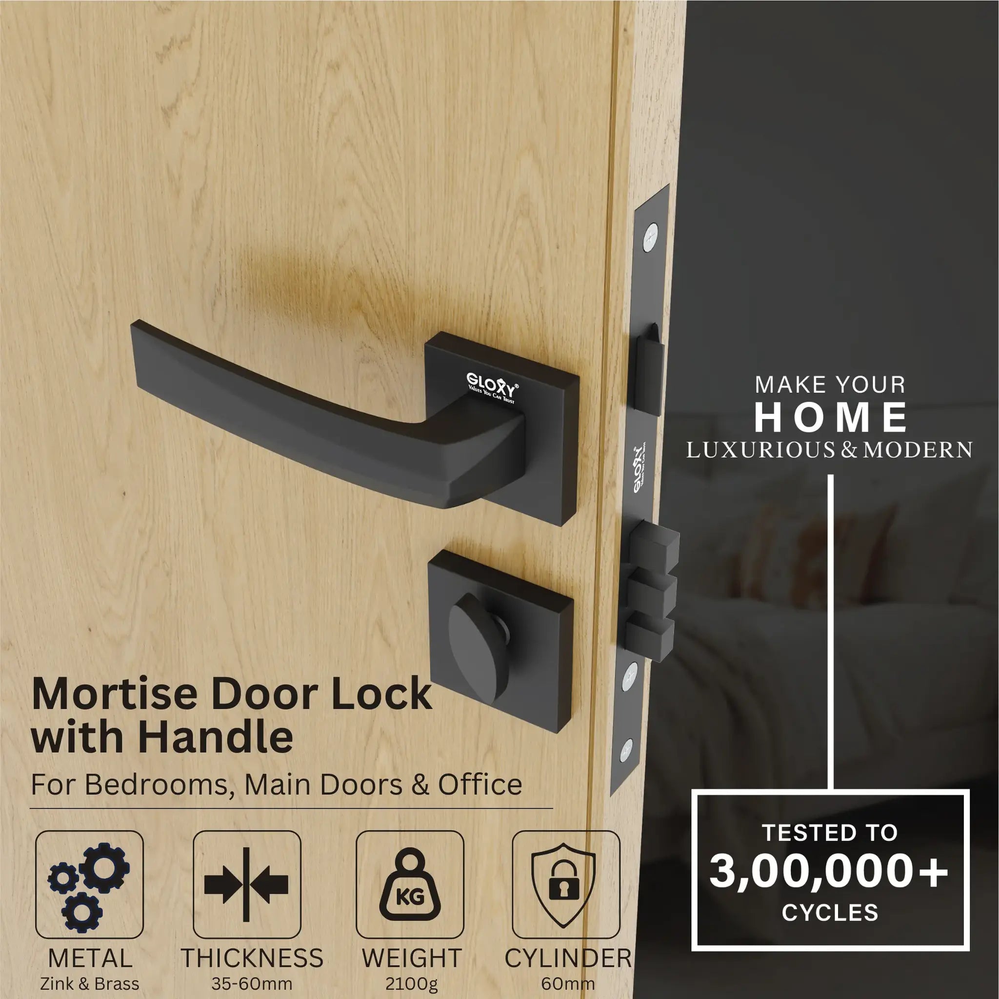 Gloxy Venlo Series Black Finish Mortise Main Door key Lock With Handle