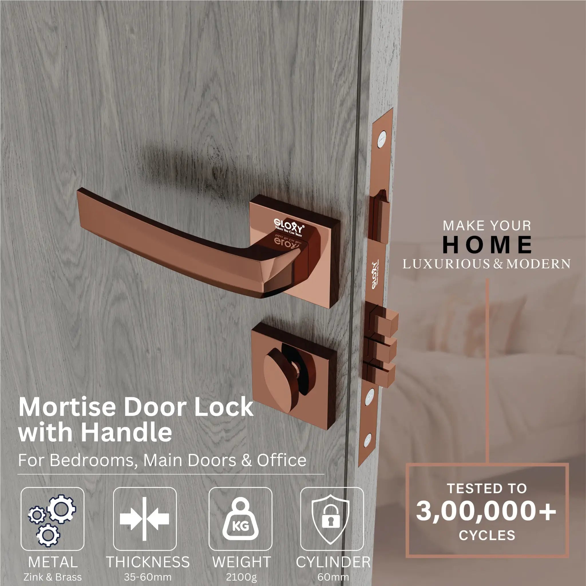 Gloxy Venlo Series Rose Gold Finish Mortise Main Door key Lock With Handle