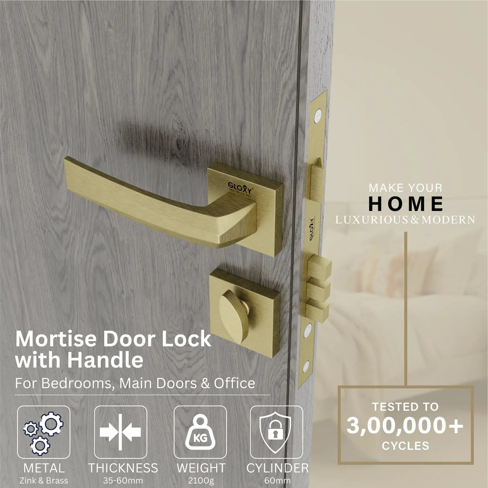 Mortise Door Handles Main Door Lock Handles Set with 3 Keys for Safety of Home | Bedroom, Office, Hotel, Home(Antique)-by GLOXY®