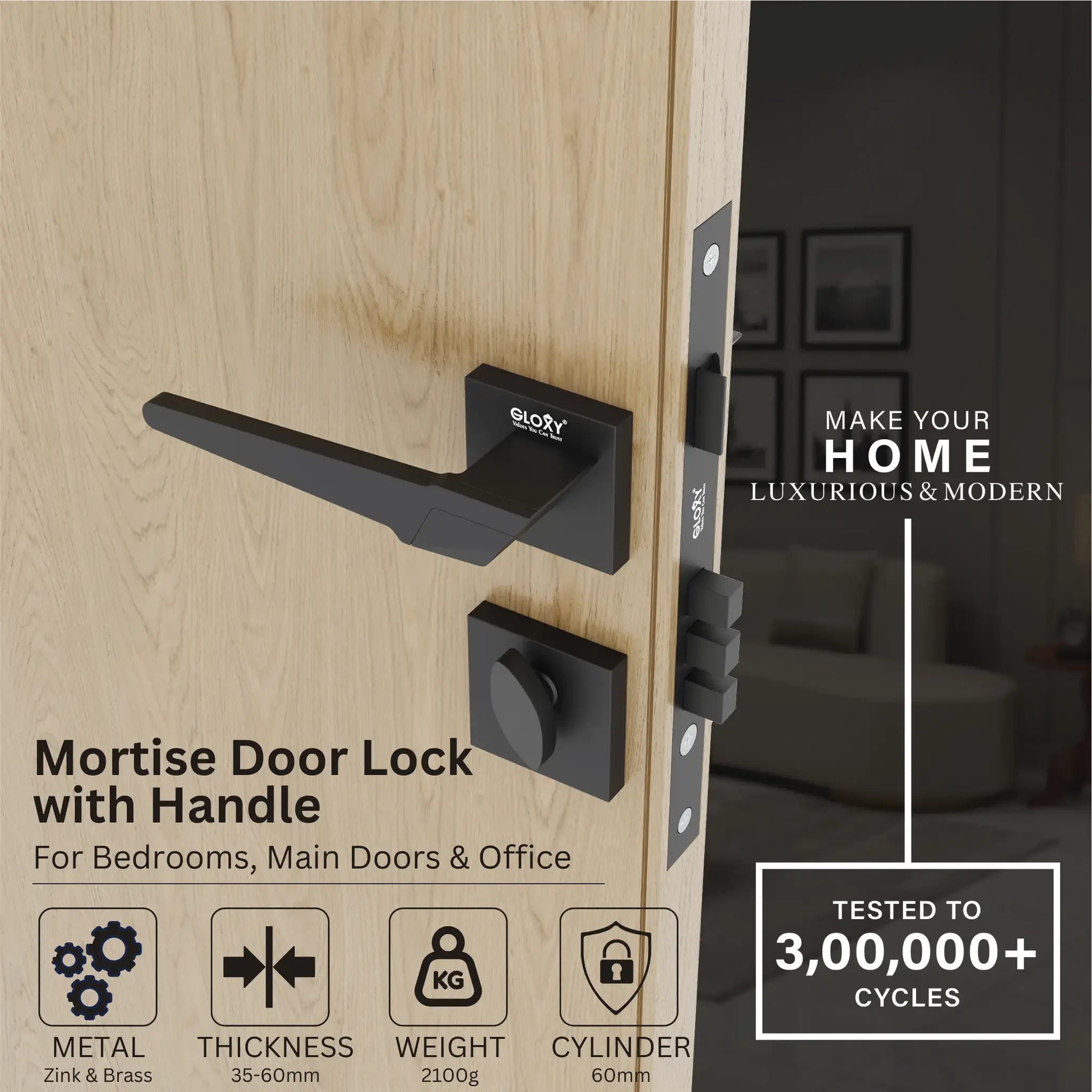 Gloxy Sento Series Black Finish Mortise Main Door key Lock With Handle