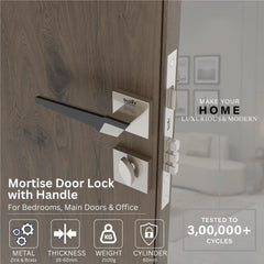 Mortise Door Handles Main Door Lock Handles Set with 3 Keys for Safety of Home | Bedroom, Office, Hotel, Home(Satin Chrome)-by GLOXY®
