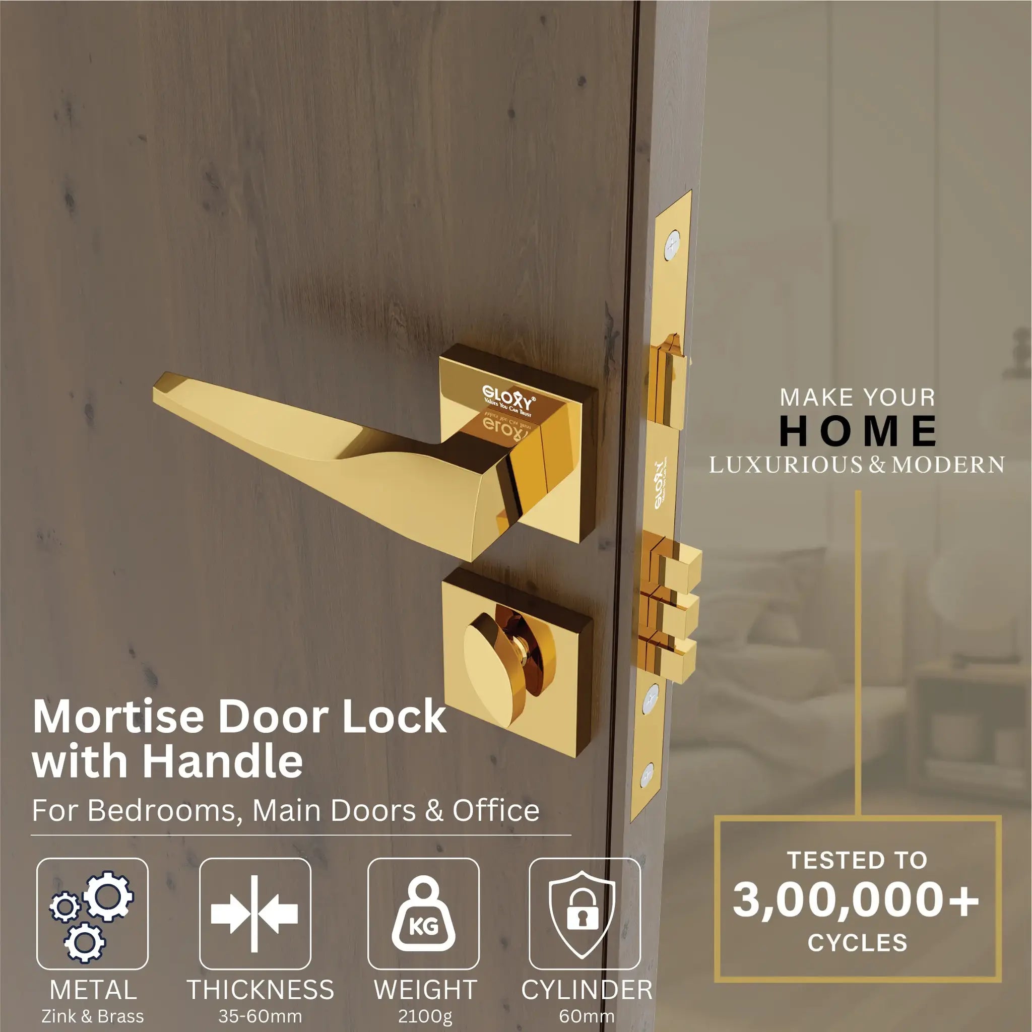 Gloxy Oxlar Series Gold Finish Mortise Main Door key Lock With Handle