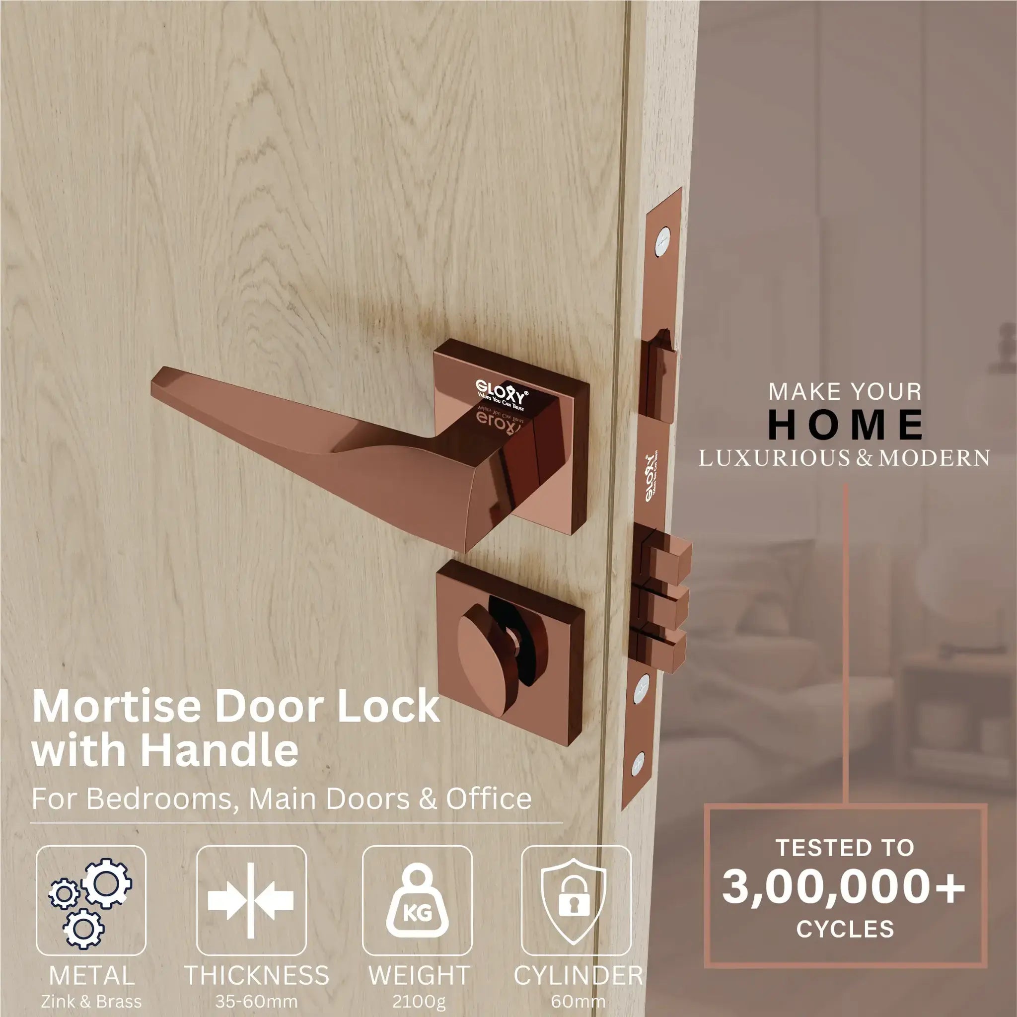 Gloxy Oxlar Series Rose Gold Finish Mortise Main Door key Lock With Handle