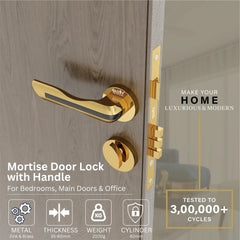 Mortise Door Handles Main Door Lock Handles Set with 3 Keys for Safety of Home | Bedroom, Office, Hotel, Home(Gold)-by GLOXY®