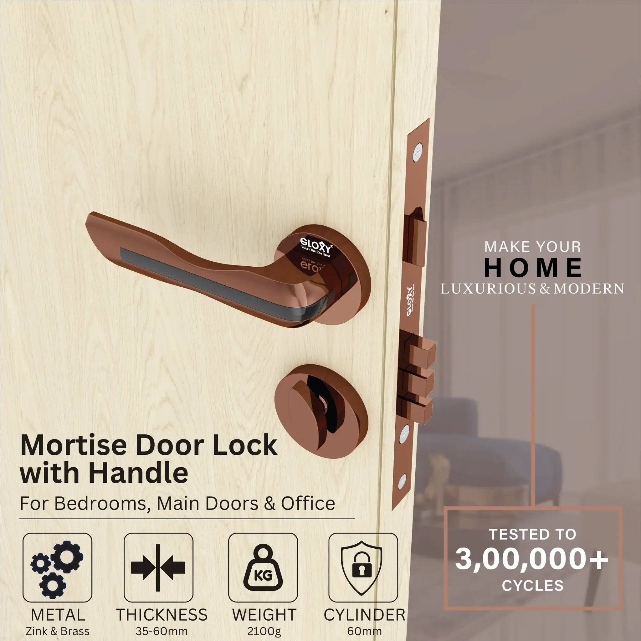 Gloxy Cavin Series Rose Gold Finish Mortise Main Door key Lock With Handle