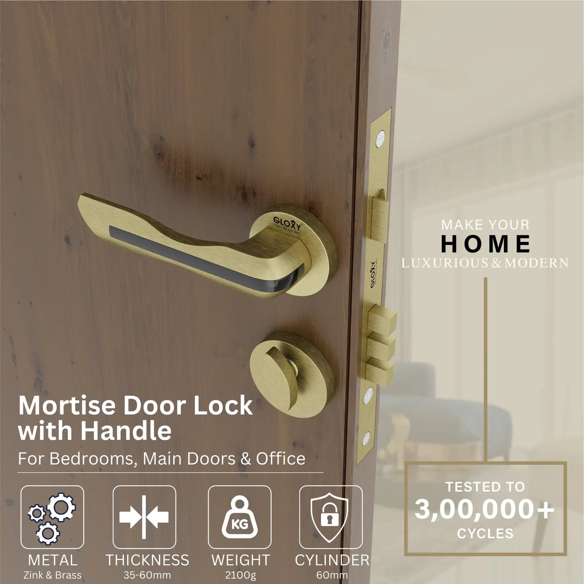 Gloxy Cavin Series Antique Finish Mortise Main Door key Lock With Handle
