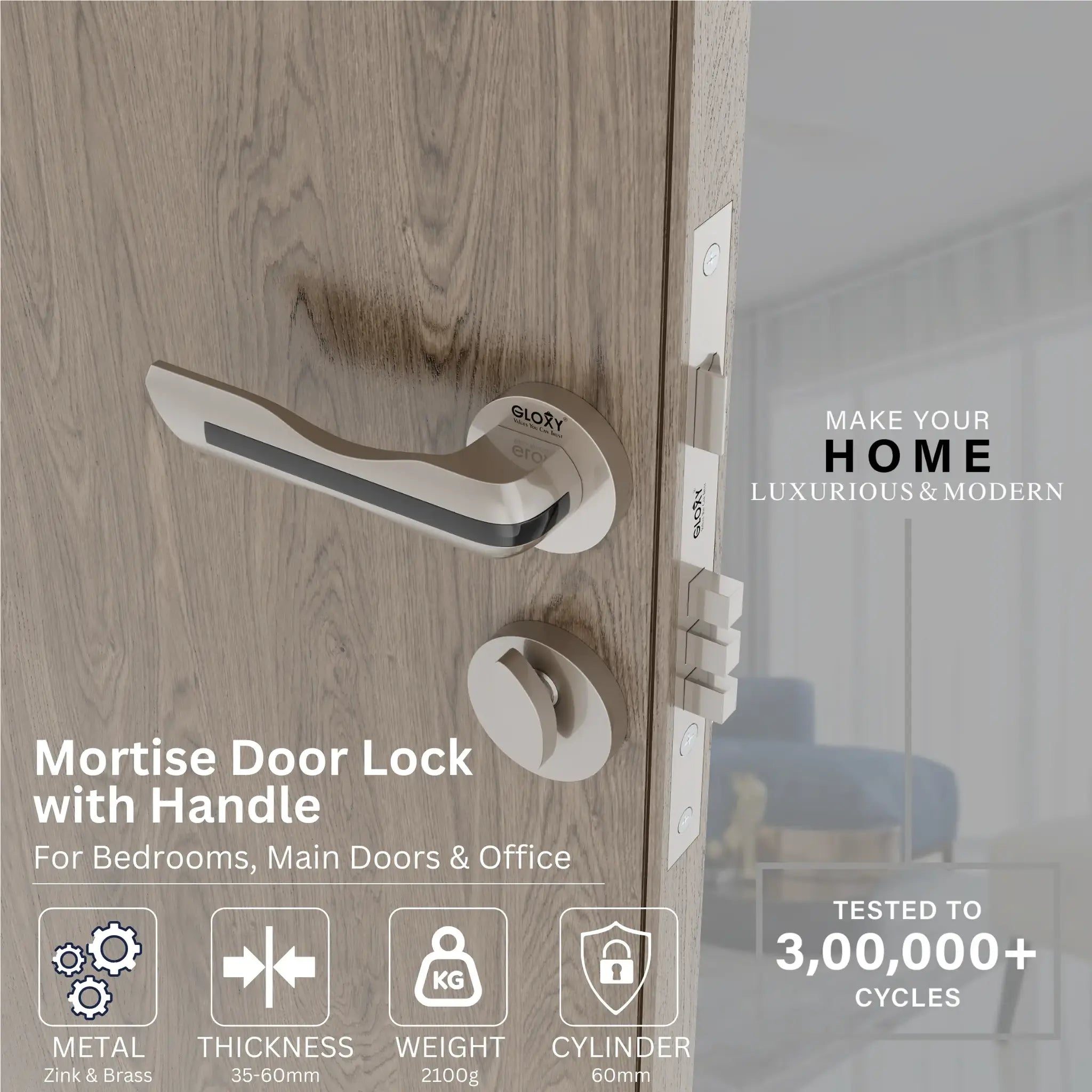 Gloxy Cavin Series Satin Chrome Finish Mortise Main Door key Lock With Handle