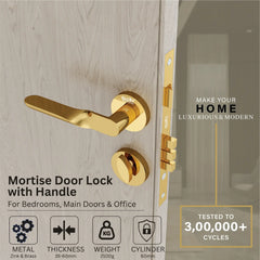 Mortise Door Handles Main Door Lock Handles Set with 3 Keys for Safety of Home | Bedroom, Office, Hotel, Home(Gold)-by GLOXY®