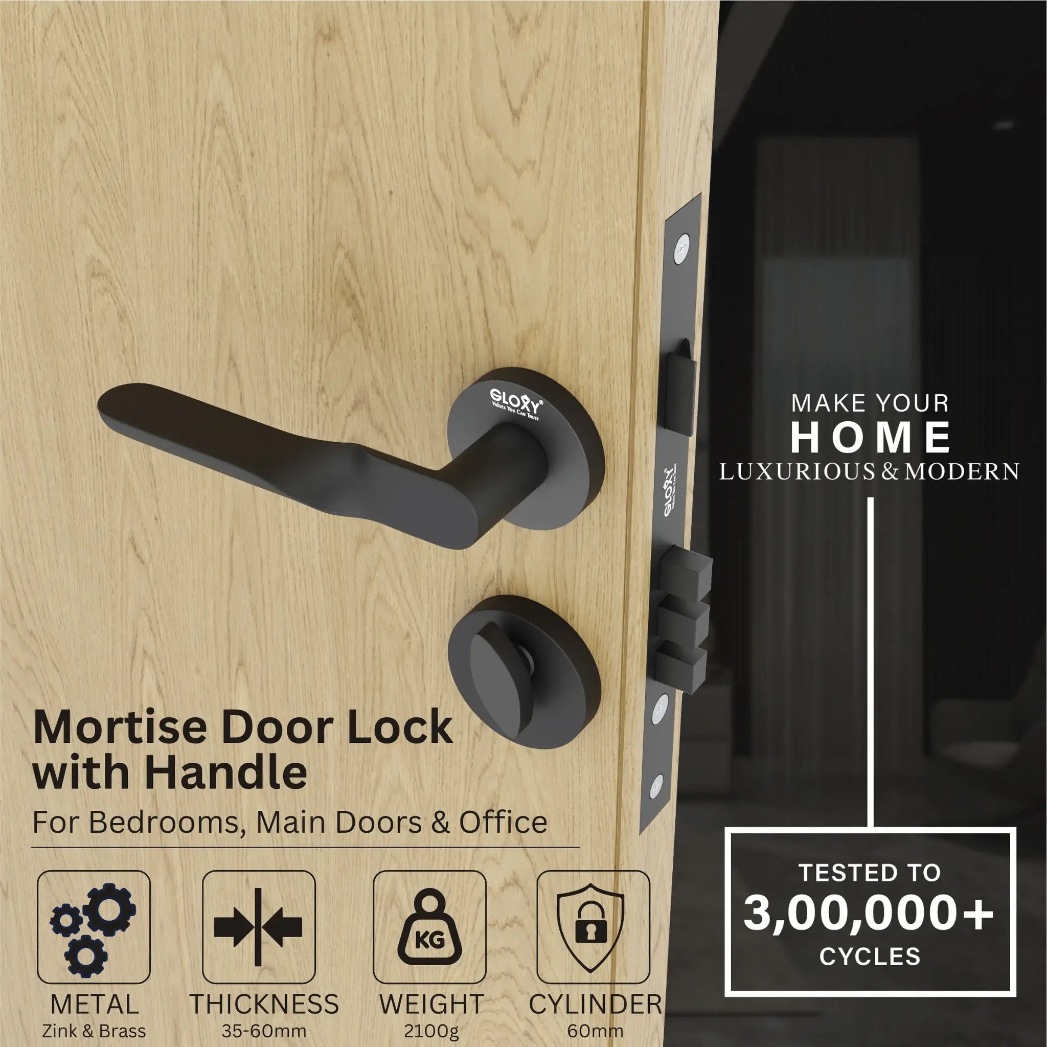 Gloxy Revok Series Black Finish Mortise Main Door key Lock With Handle