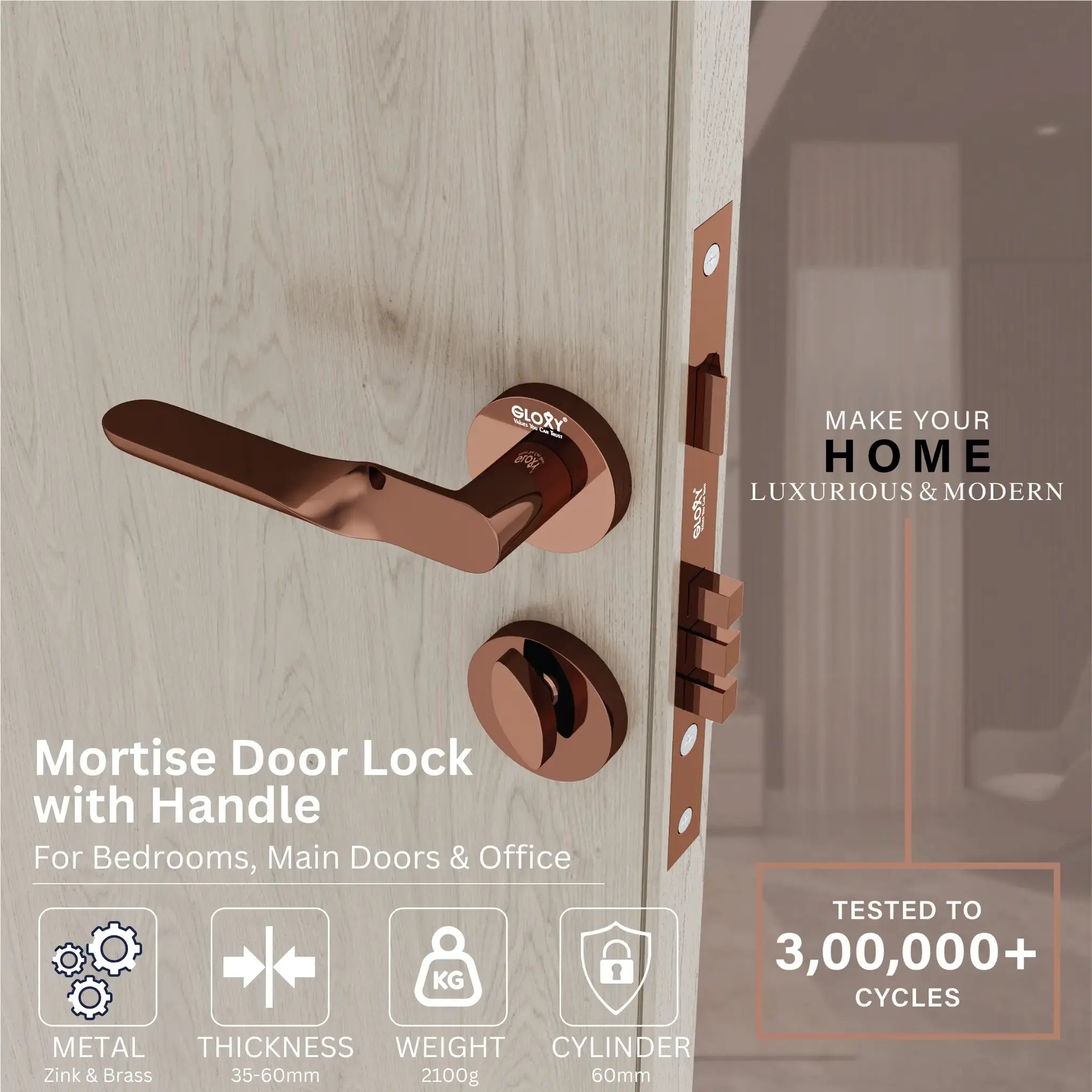 Gloxy Revok Series Rose Gold Finish Mortise Main Door key Lock With Handle