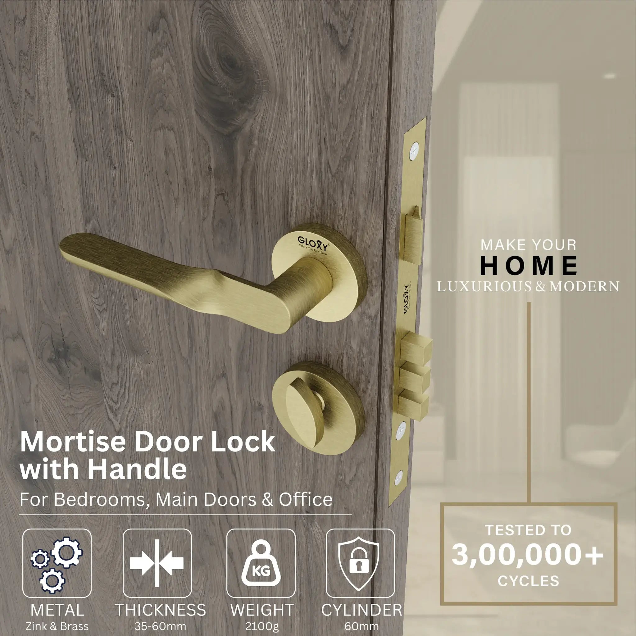 Gloxy Revok Series Antique Finish Mortise Main Door key Lock With Handle
