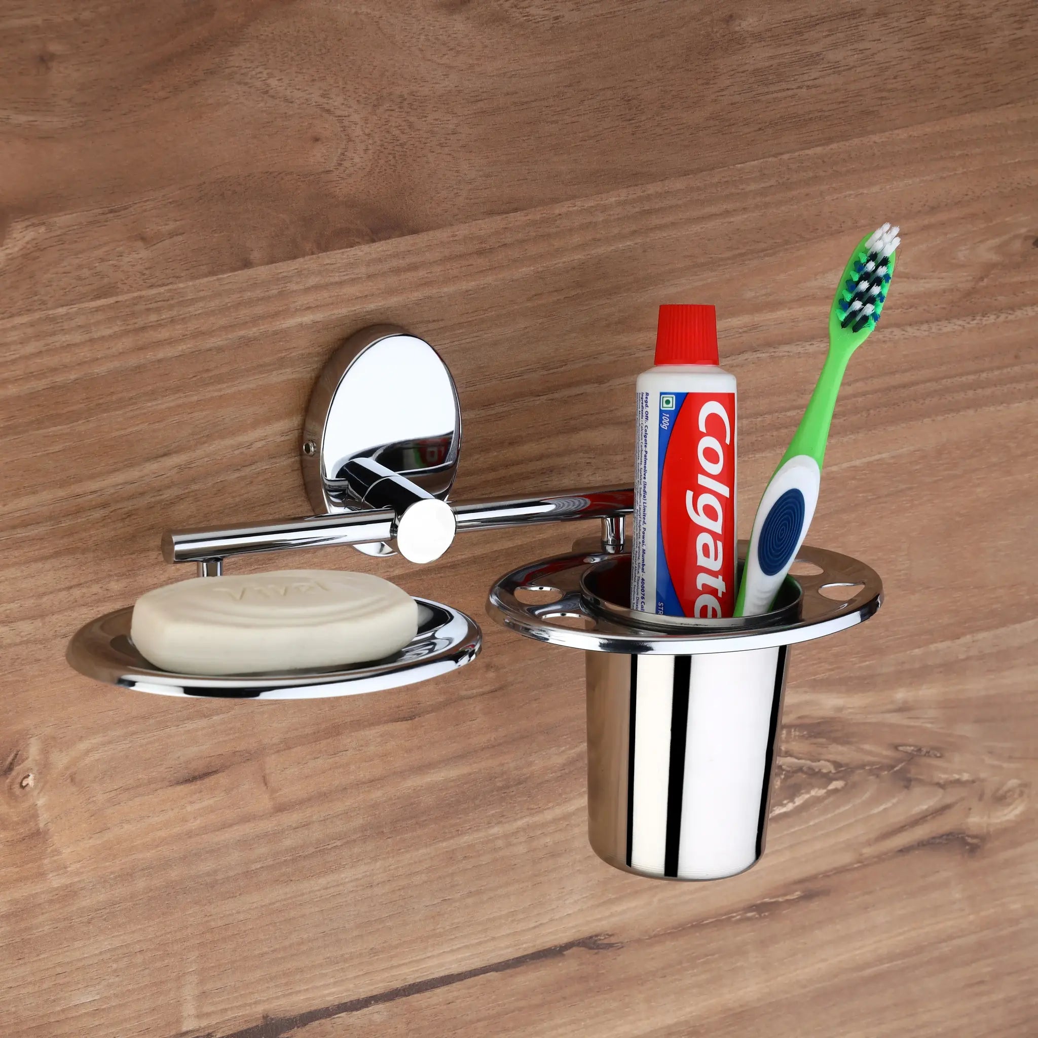 Gloxy Oval Shape Stainless Steel 202 Grade Chrome Finish Single Soap Holder With Tumbler & Toothbrush Holder