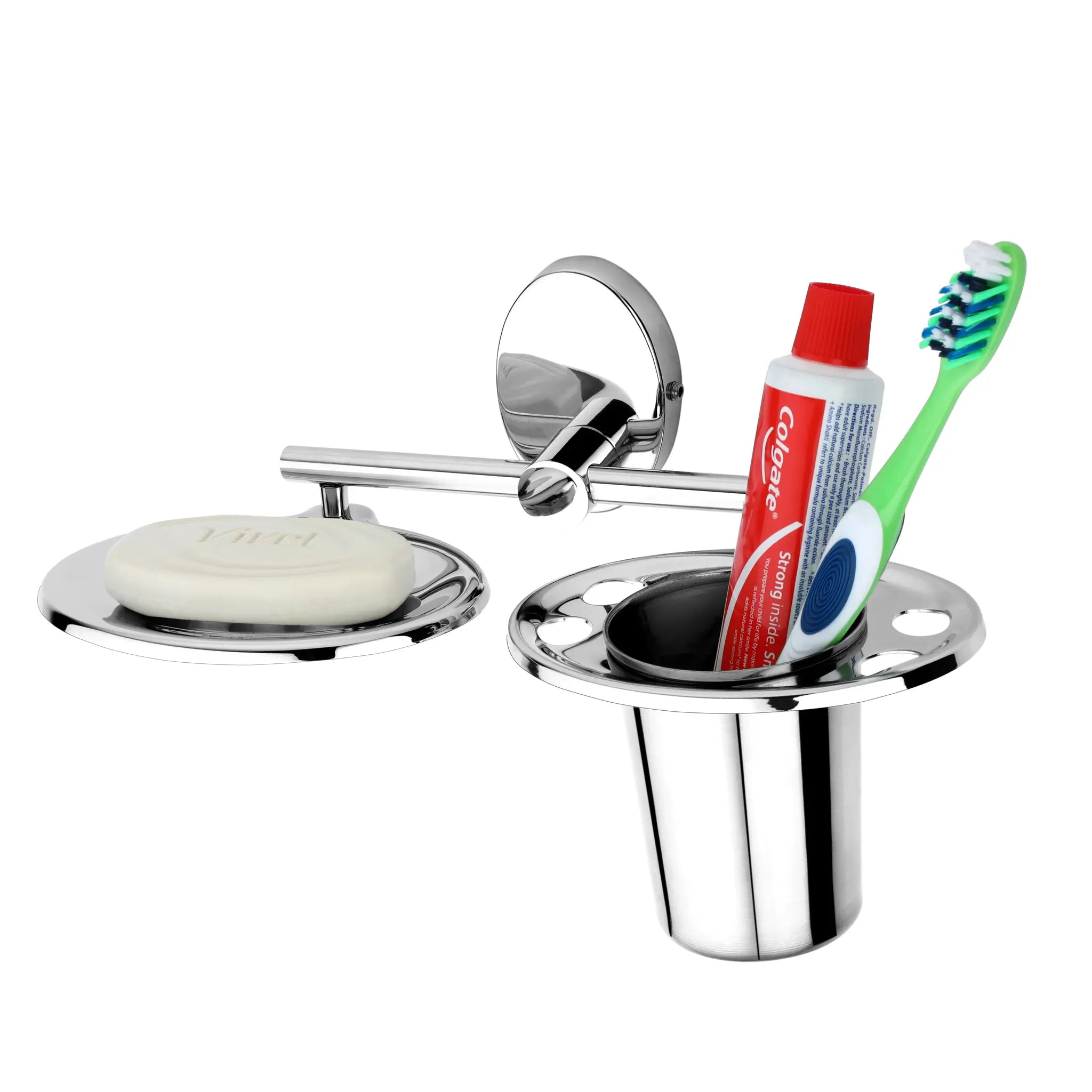 Gloxy Oval Shape Stainless Steel 202 Grade Chrome Finish Single Soap Holder With Tumbler & Toothbrush Holder