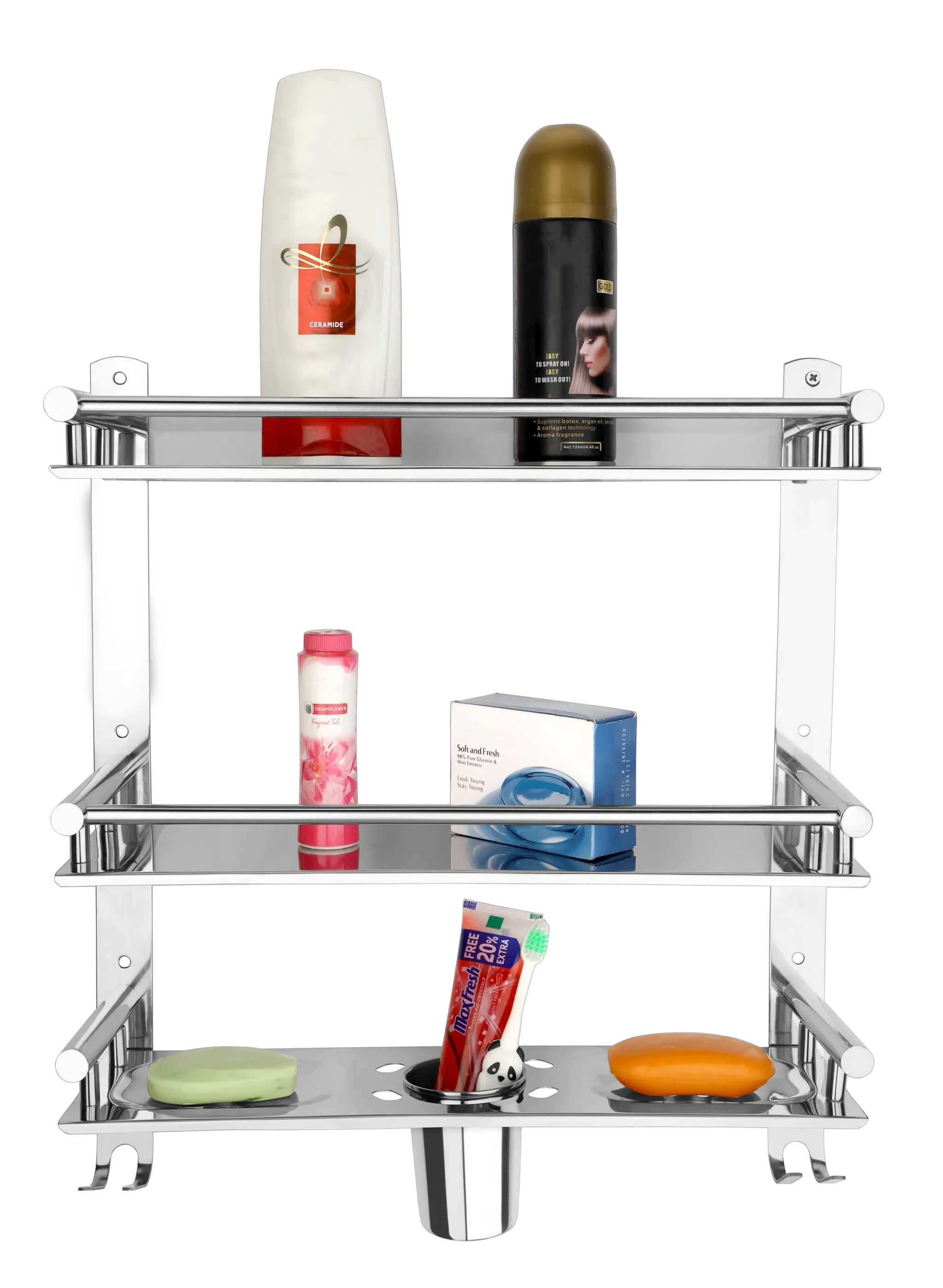 Stainless Steel 3 Layer Bathroom Shelf with Double Soap Dish and Toothbrush Holder  by GLOXY®