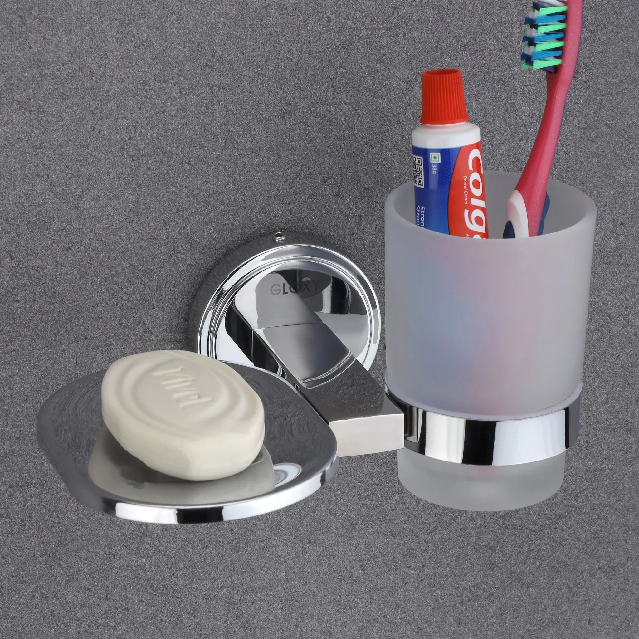 Oval Shape Stainless Steel SS202 Soap Holder with Glass Toothbrush Holder (Silver)-by GLOXY®