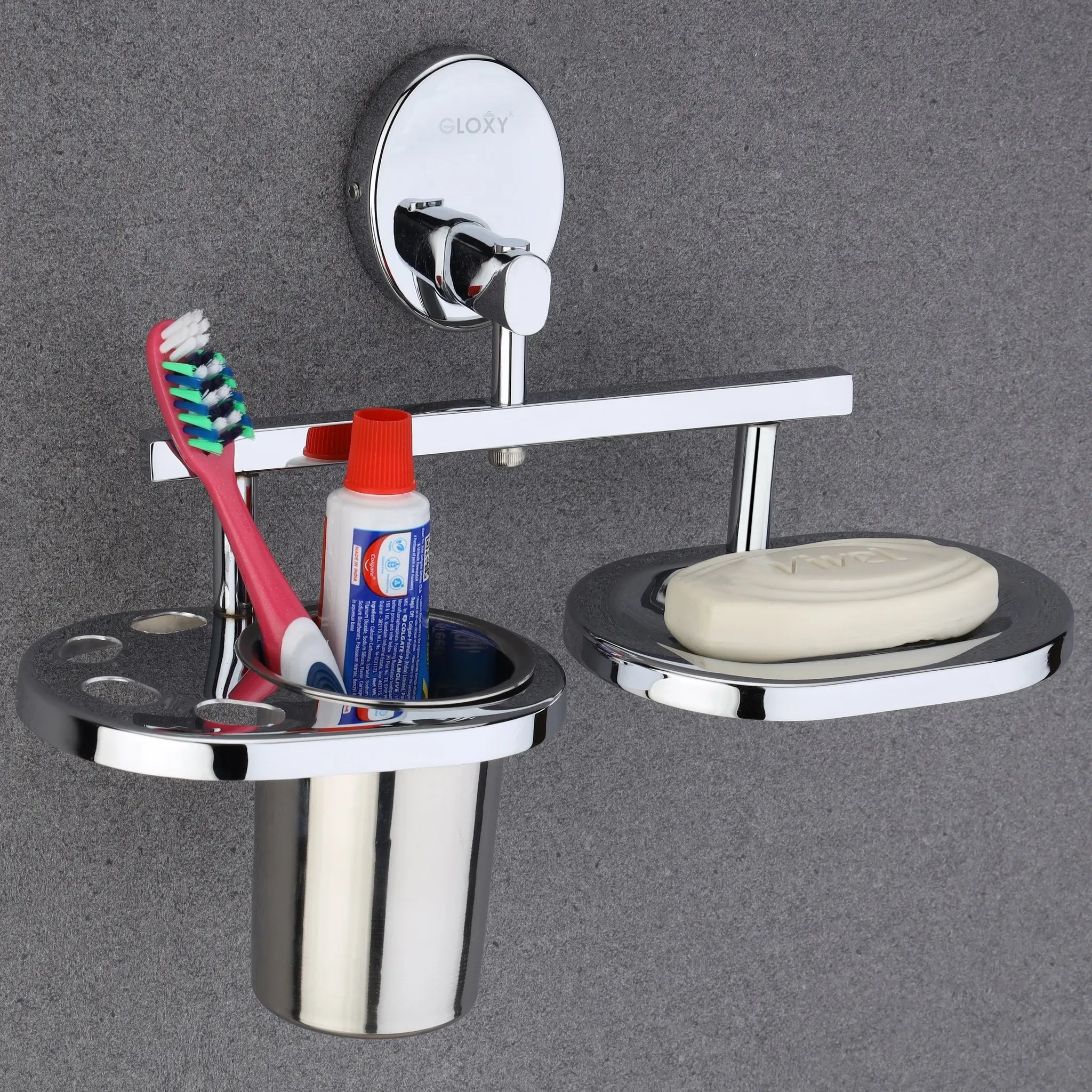 Oval Shape Stainless Steel SS202 Soap Holder with Toothbrush Holder(Silver)-by GLOXY®