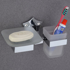 Star Shape Stainless Steel SS304 Soap Holder with Glass Toothbrush Holder (Silver)-by GLOXY®
