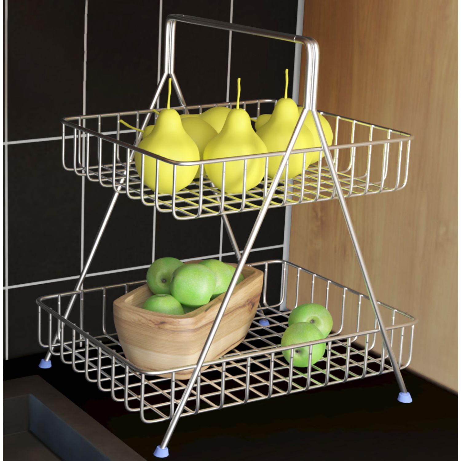 2 Tier Stainless Steel Fruit Basket Stand with Net Cover (Silver)